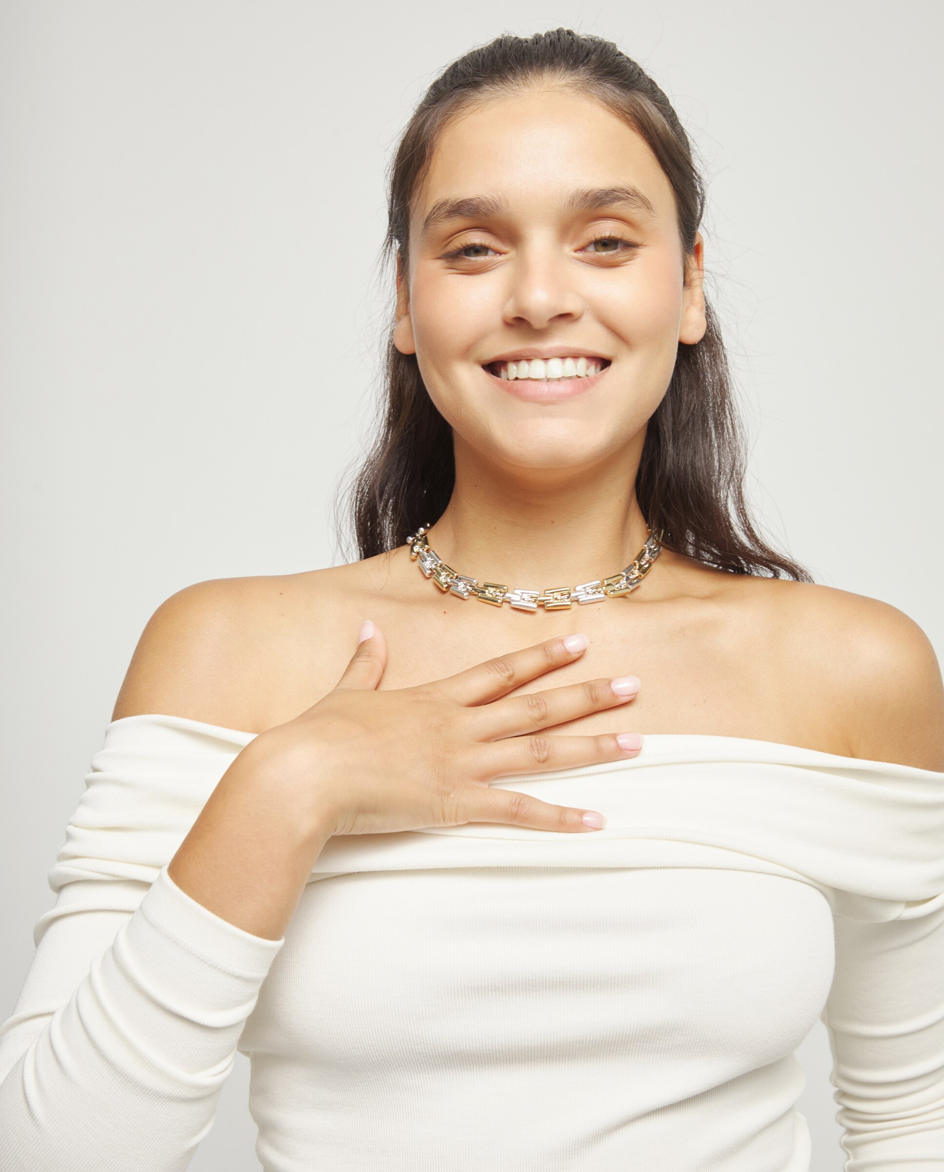 Colar Banhado em Metade Prata de Lei Metade Ouro 18k com Elos Ouro / Prata-6