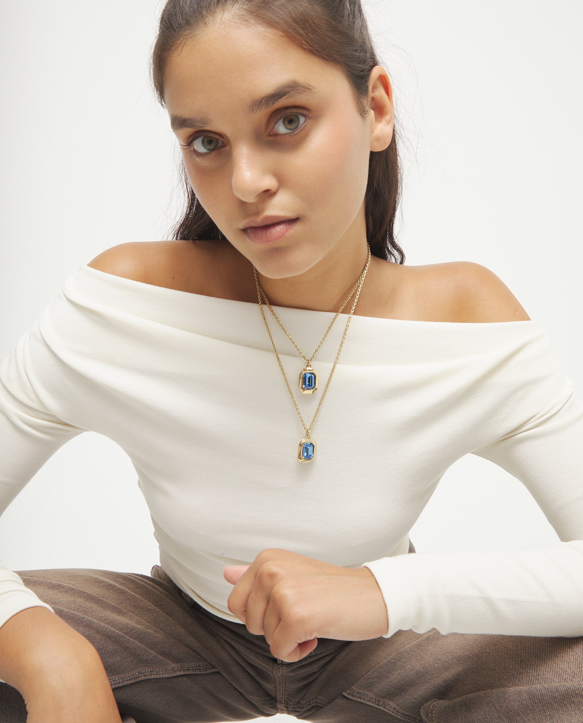 Colar Duplo Banhado a Ouro 18k com Cristal Facetado em Azul Ouro-6