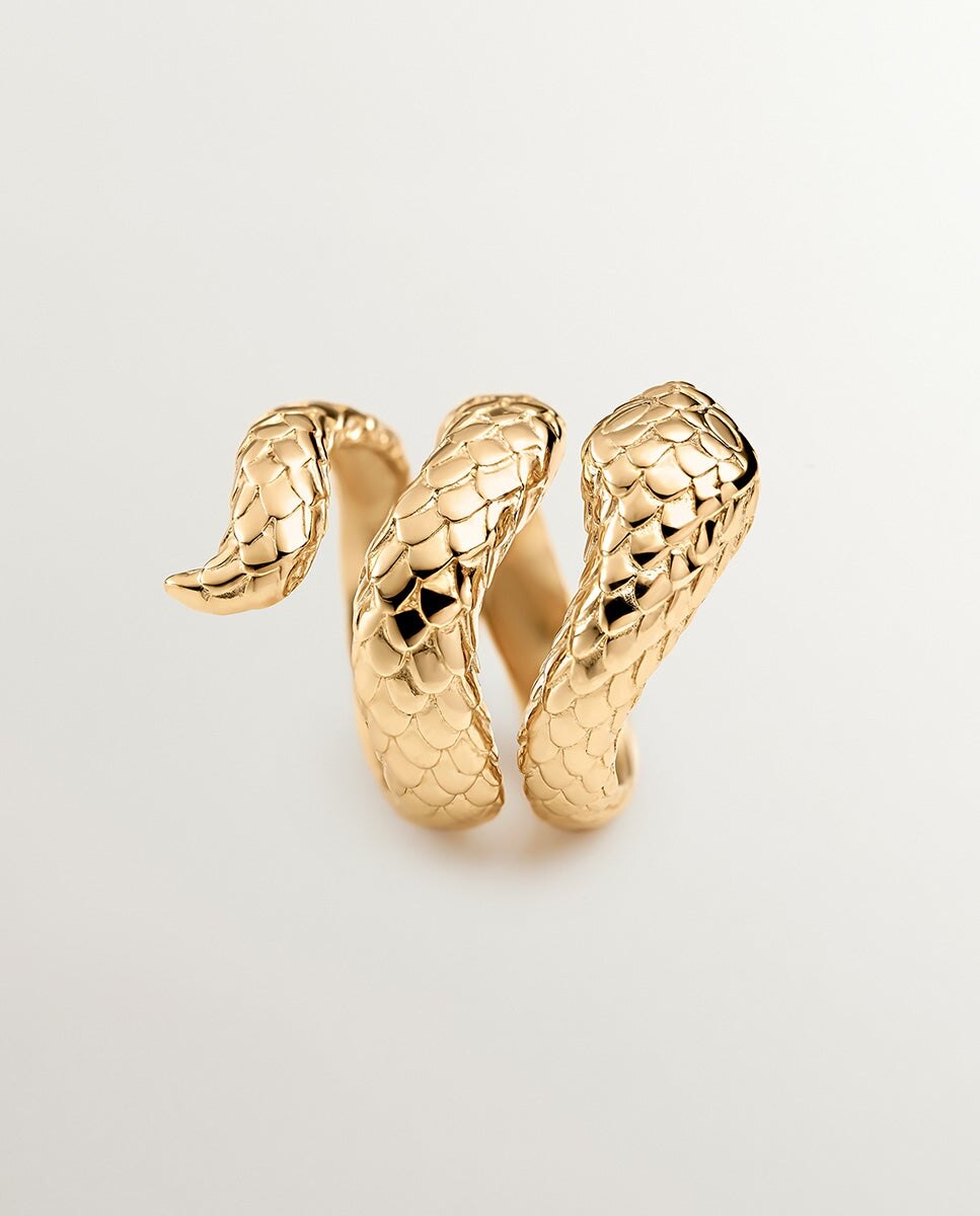 Anel Largo de Prata 925 Banhada em Ouro Amarelo de 18k com Forma de Serpente Ouro-3