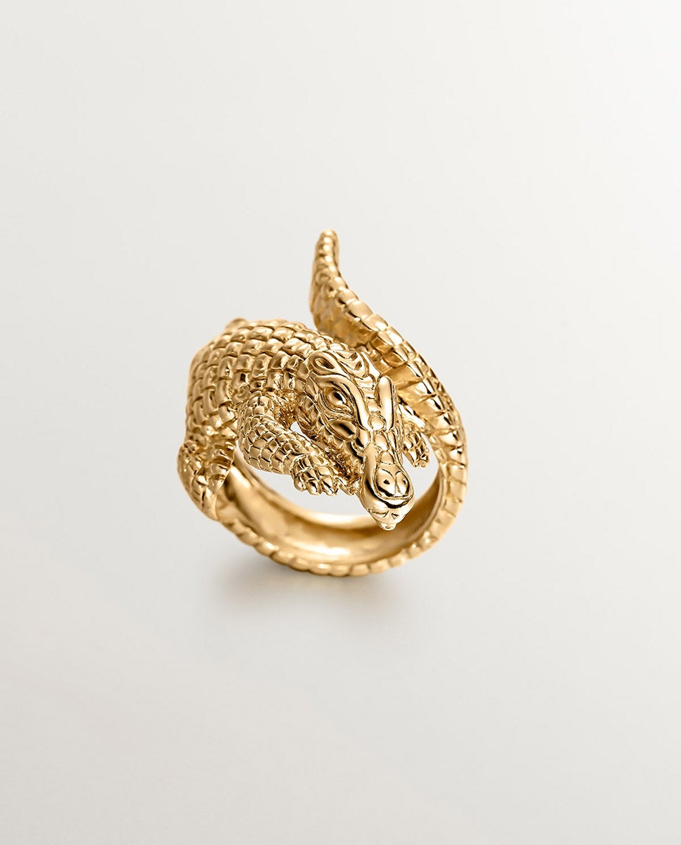 Anel Largo de Prata 925 Banhada em Ouro Amarelo de 18k com Forma de Crocodilo Ouro-1