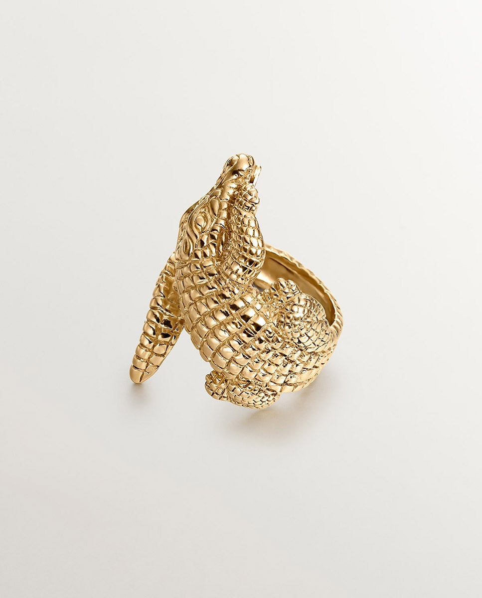 Anel Largo de Prata 925 Banhada em Ouro Amarelo de 18k com Forma de Crocodilo Ouro-3