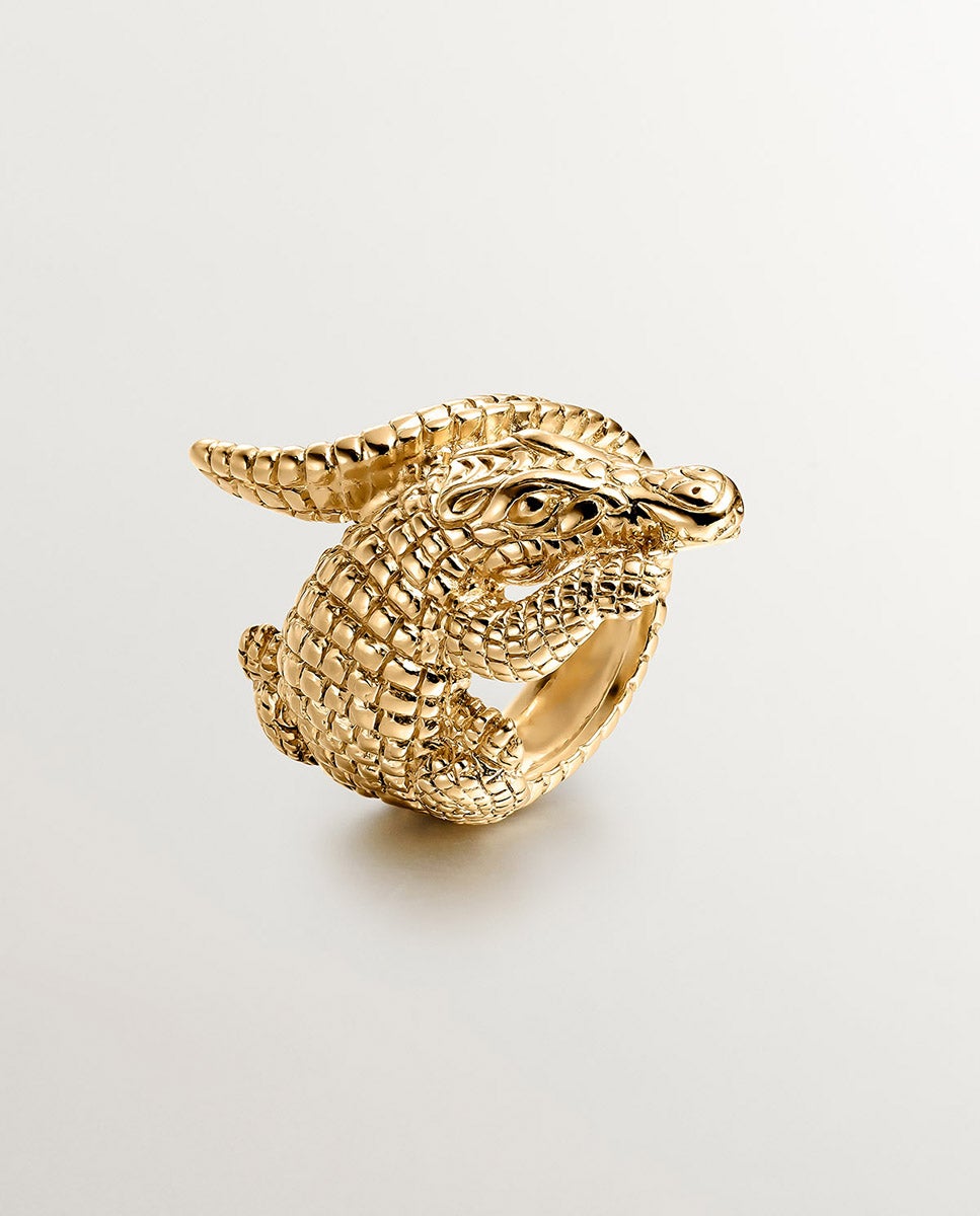 Anel Largo de Prata 925 Banhada em Ouro Amarelo de 18k com Forma de Crocodilo Ouro-6