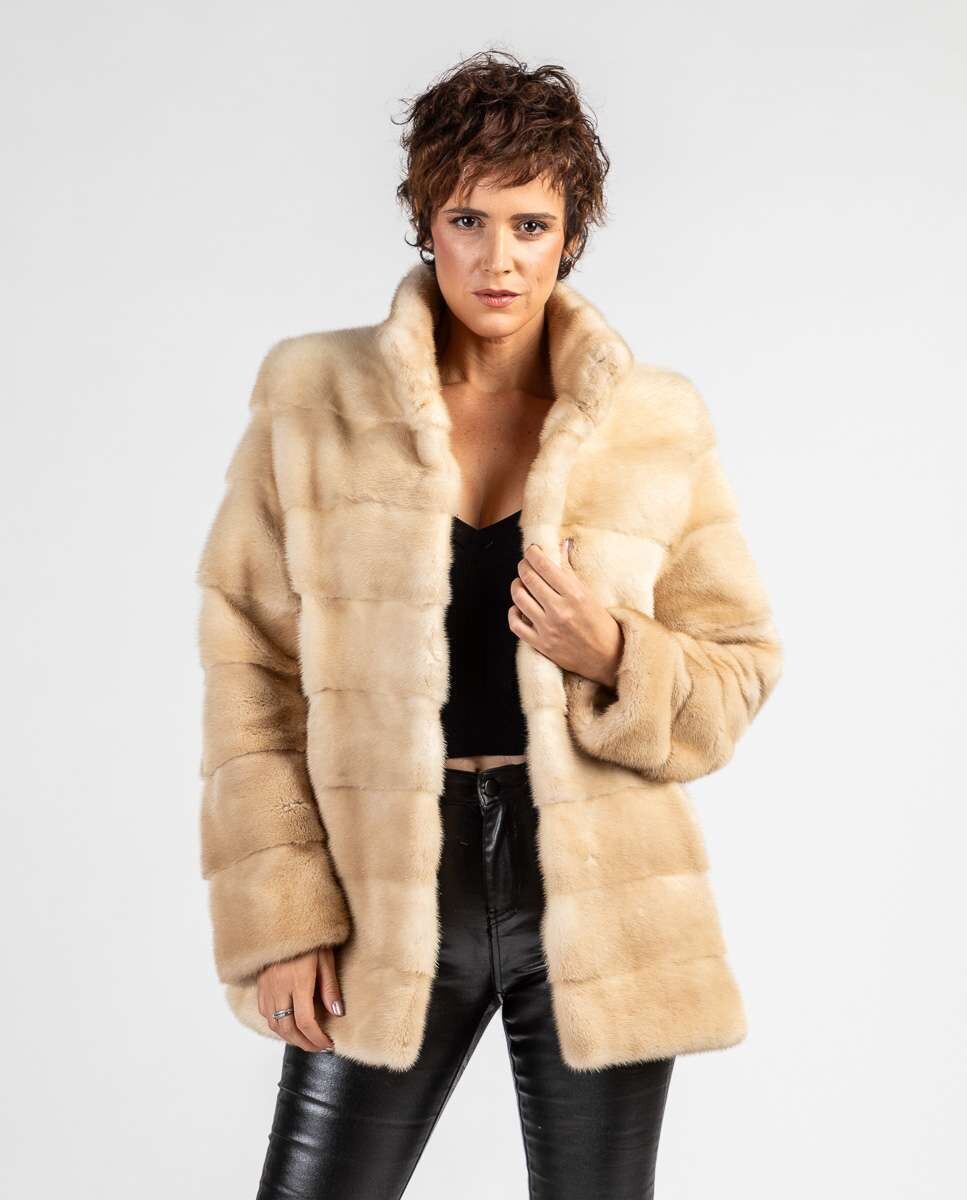Sobretudo de Pelo Curto de Vison em Horizontal Bege-4