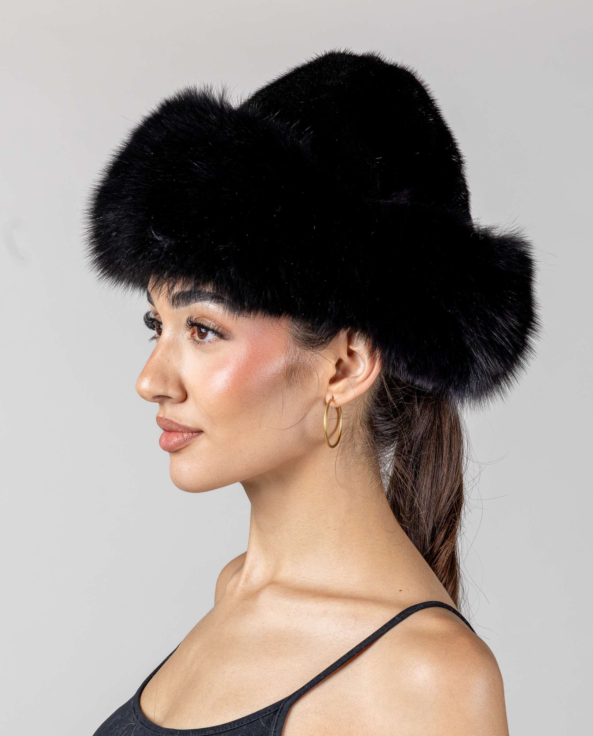 Chapéu de Pelo de Vison e Raposa Tricotado em Preto Preto-5