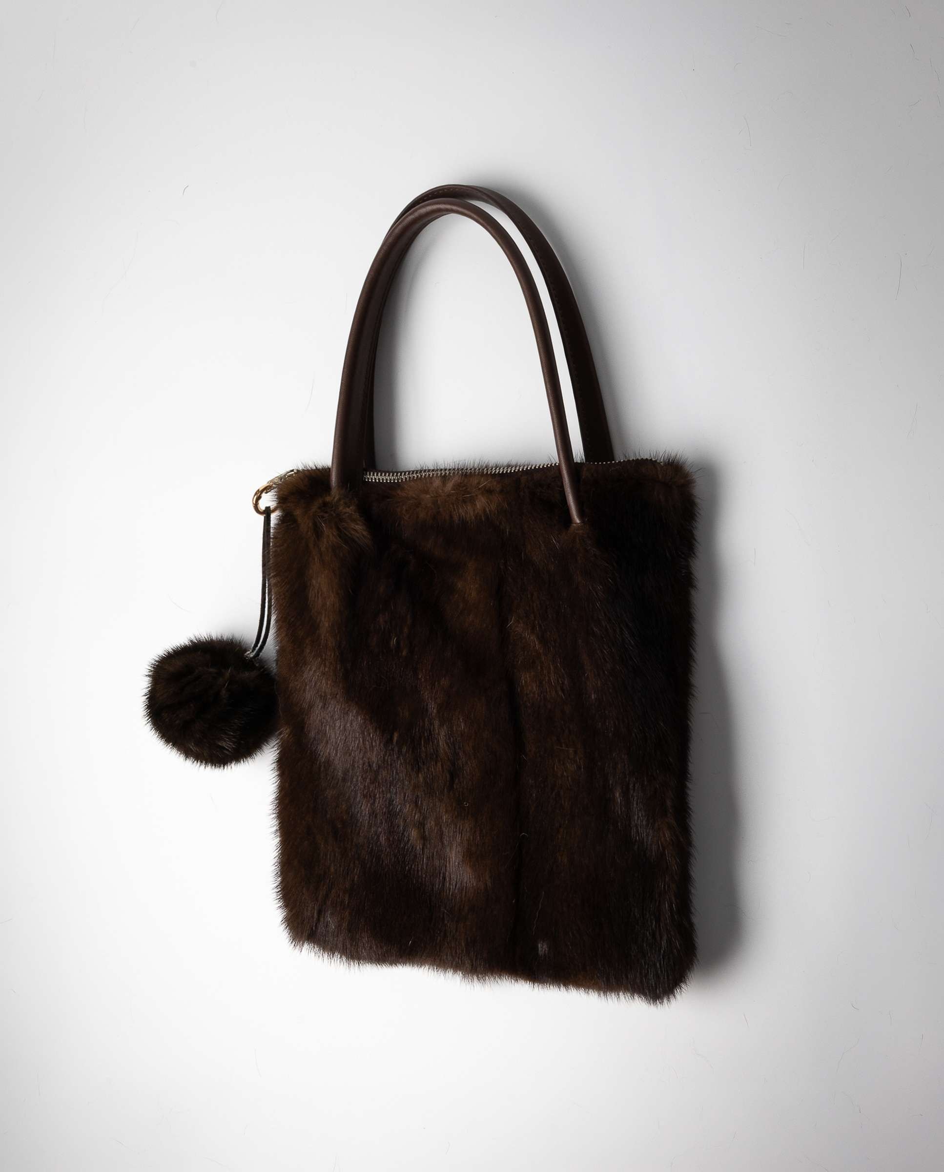 Mala de Pelo de Vison com Fecho Zip Castanho-3
