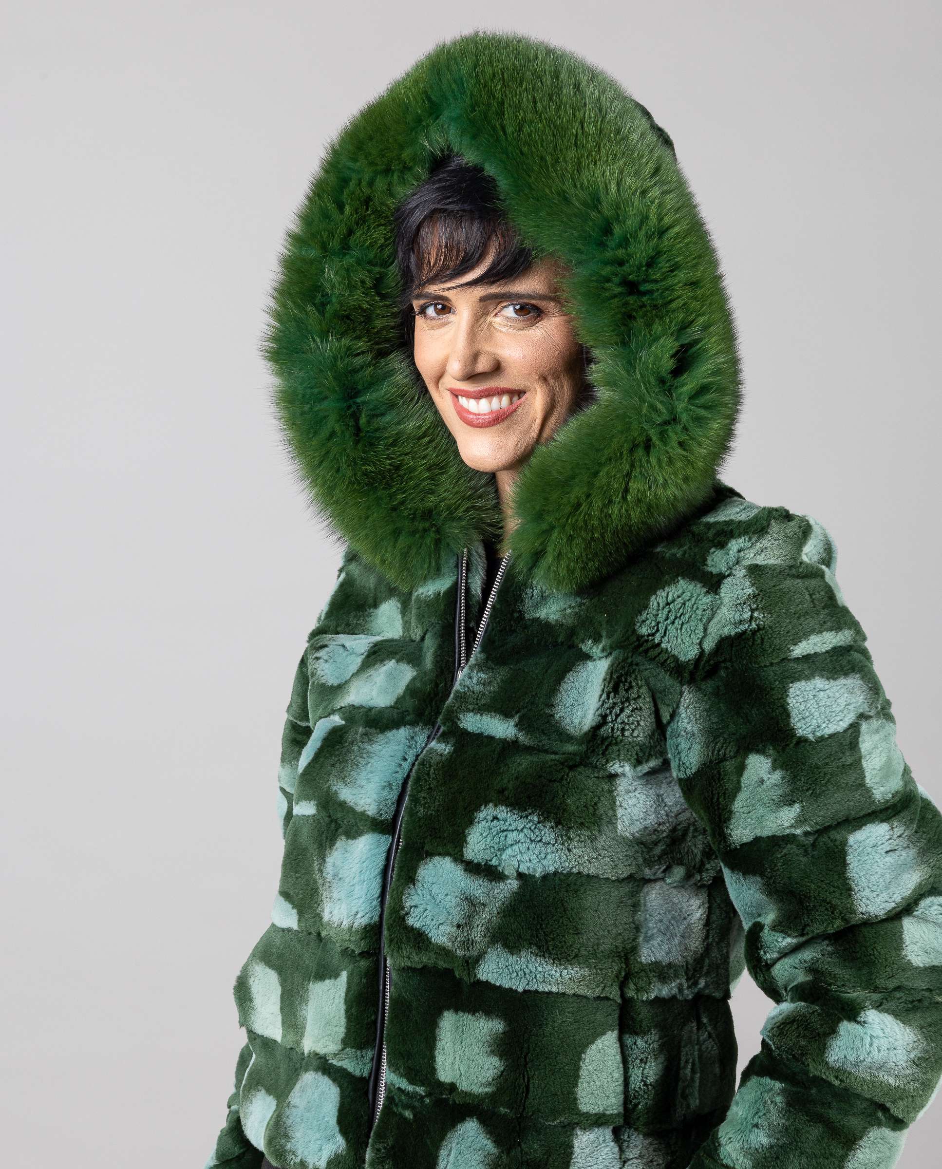 Blusão em Pelo de Vison com Capuz de Raposa Verde-3