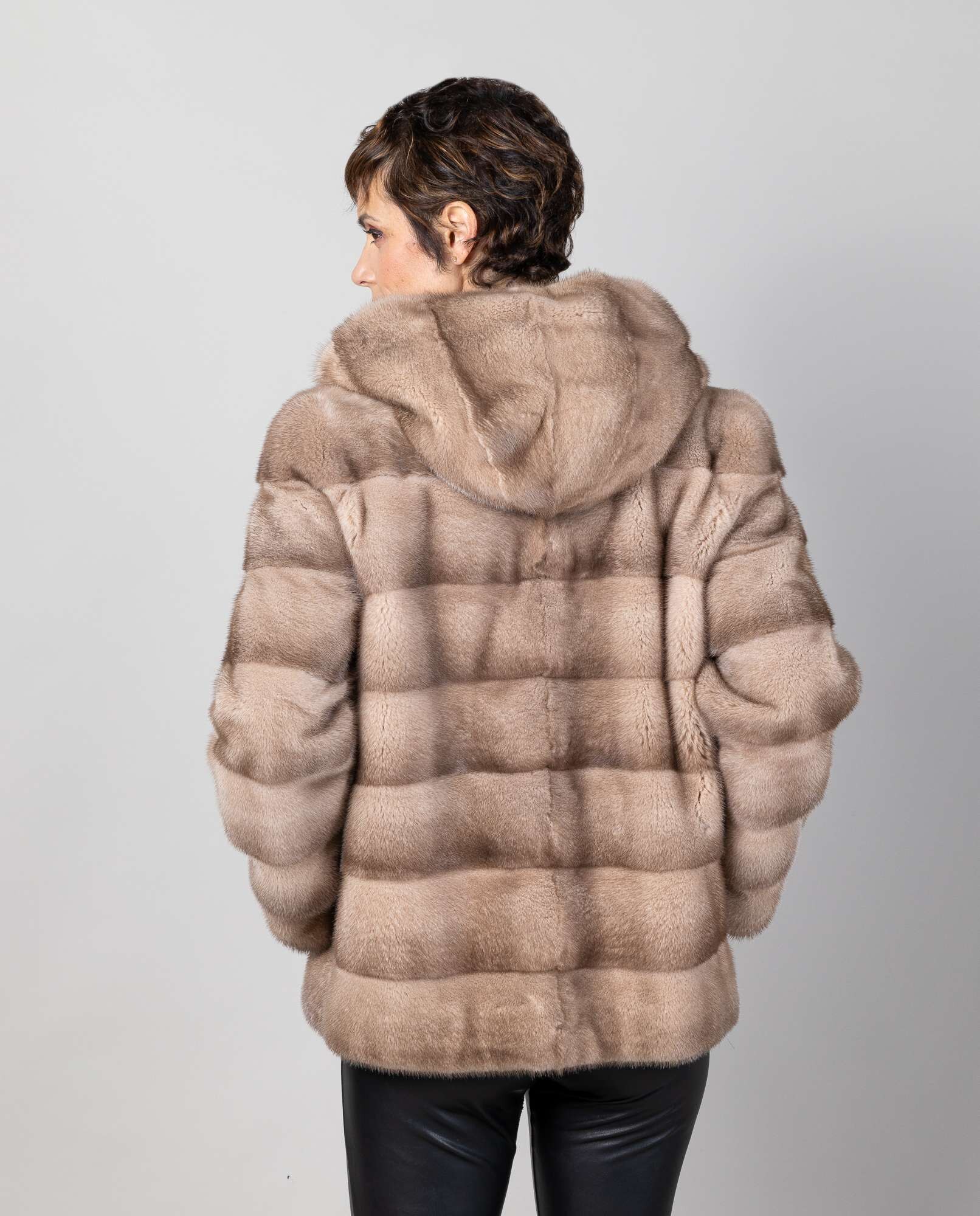 Sobretudo com Capuz de Pelo de Vison com Bolsos Verticais Bege-2