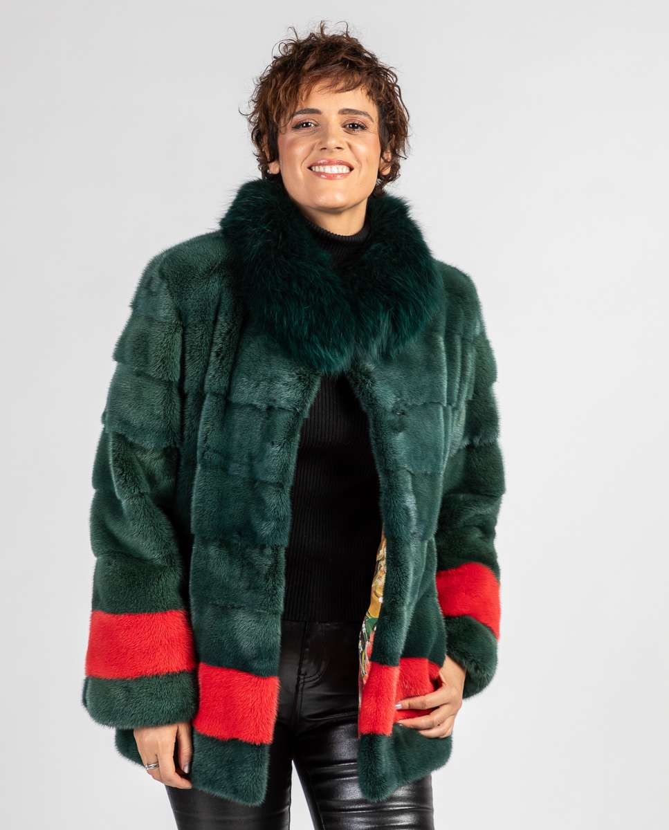 Sobretudo de Pelo Curto de Vison em Horizontal Vermelho / Verde-1