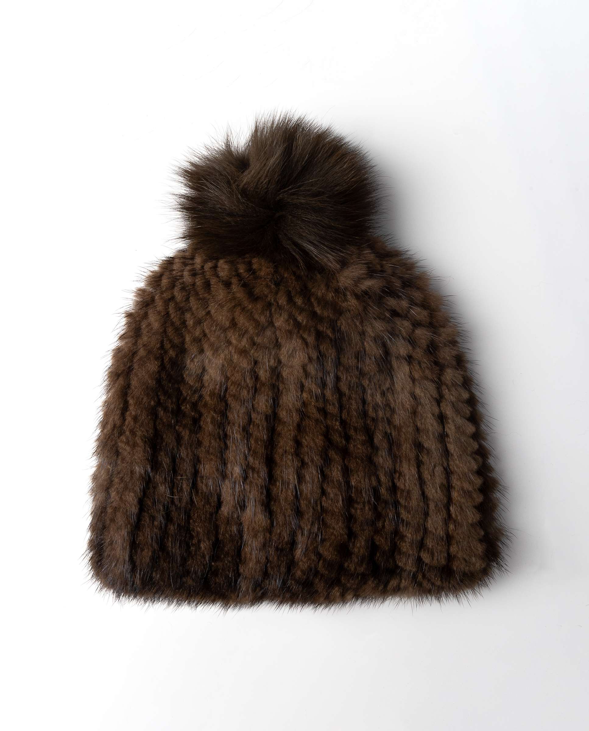 Chapéu em Pelo de Vison e Rex Tricotado com Pompom Castanho-2
