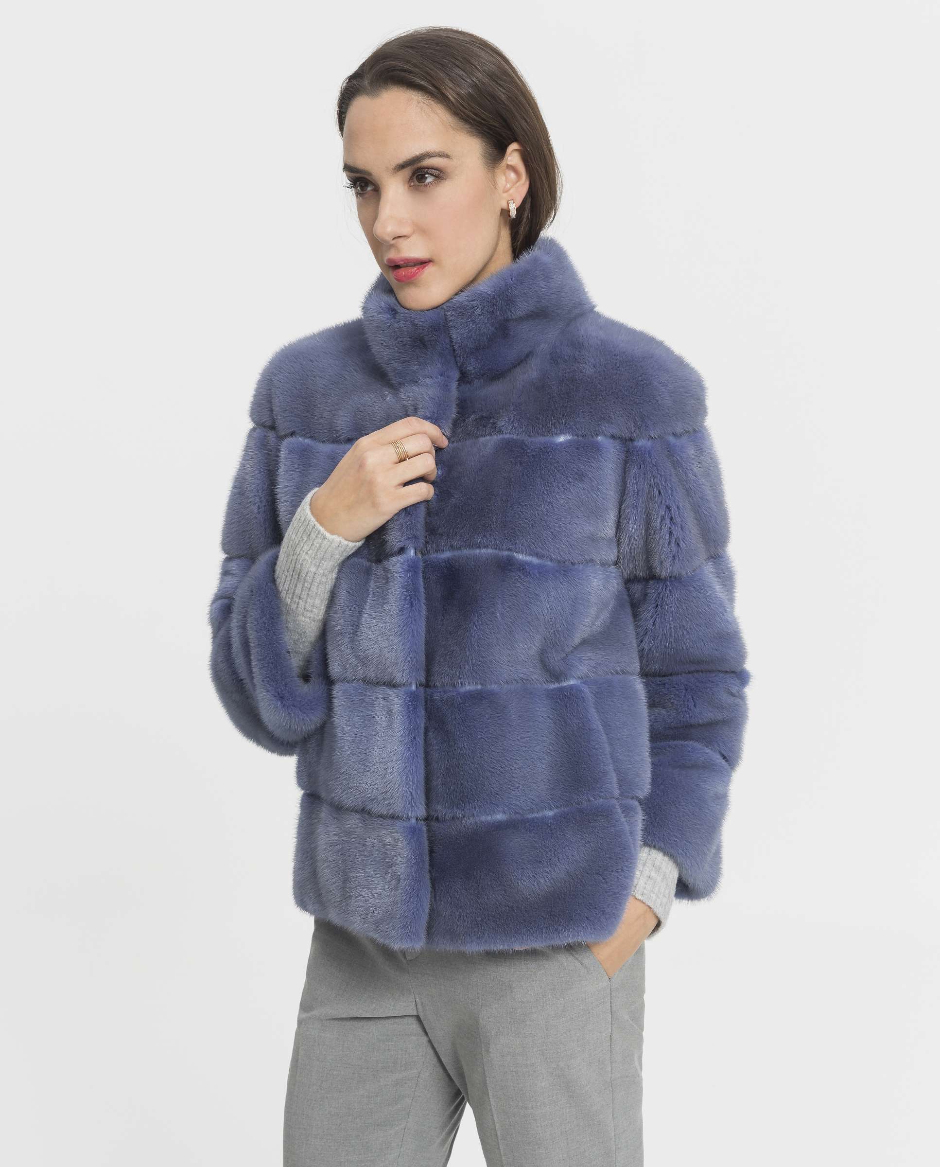 Sobretudo de Pelo Curto de Vison Azul / Branco-1