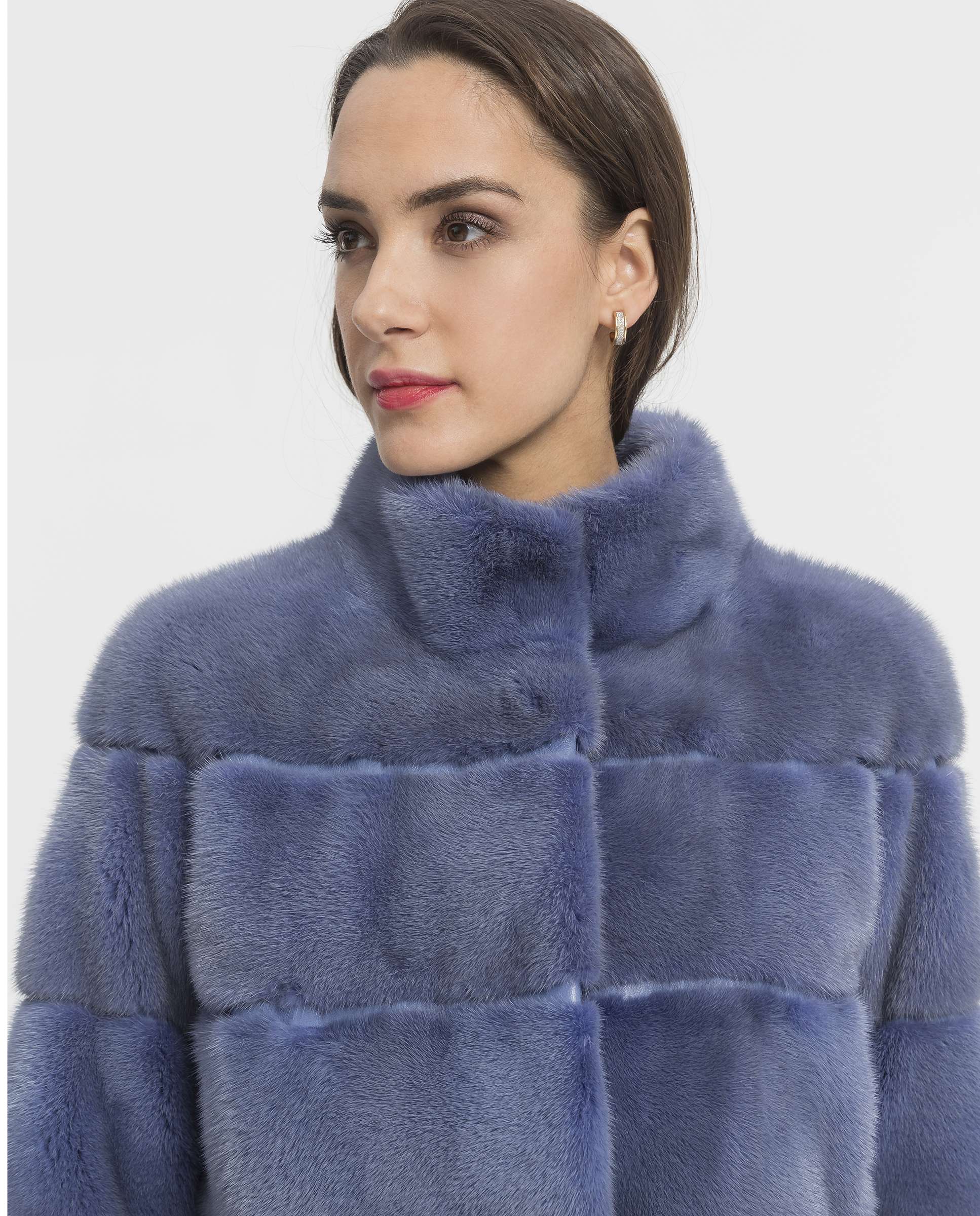 Sobretudo de Pelo Curto de Vison Azul / Branco-3