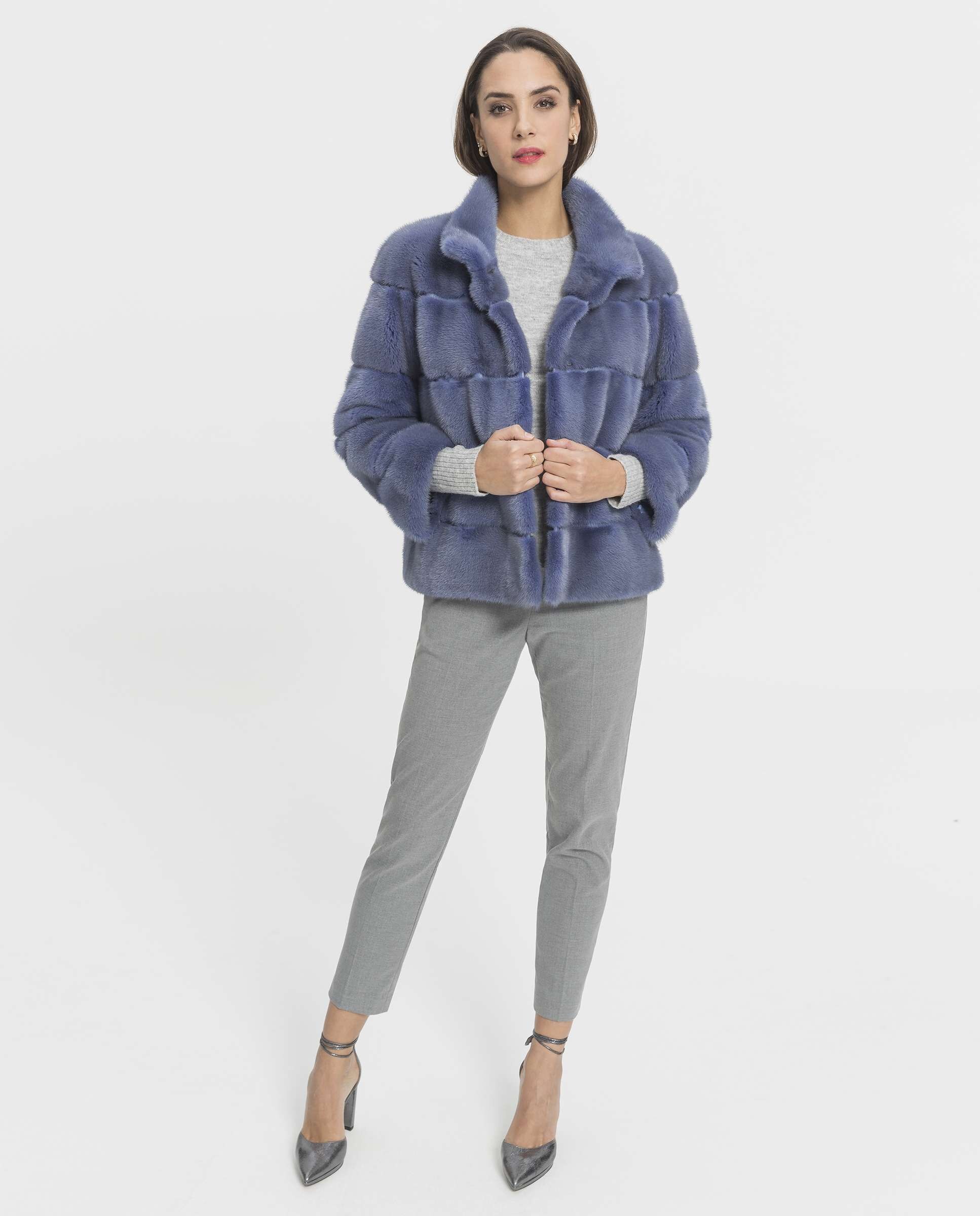 Sobretudo de Pelo Curto de Vison Azul / Branco-4