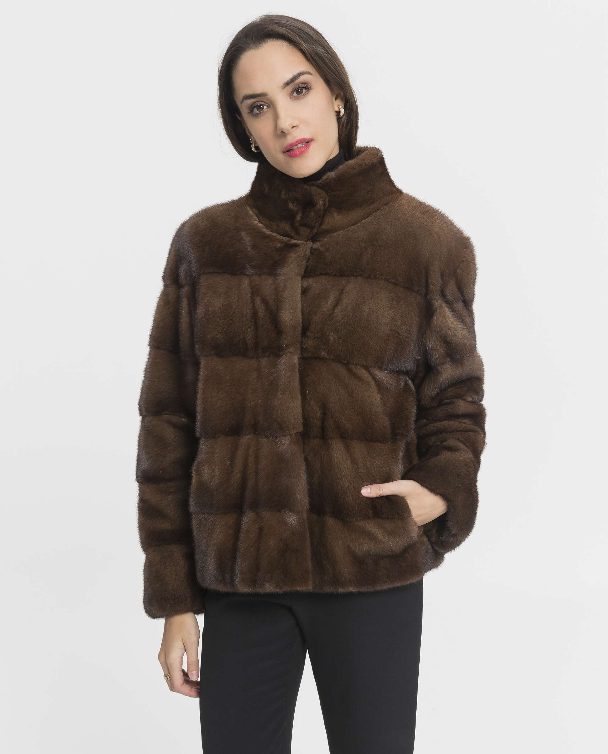 Casaco em Pelo de Vison com Bolsos Castanho-1