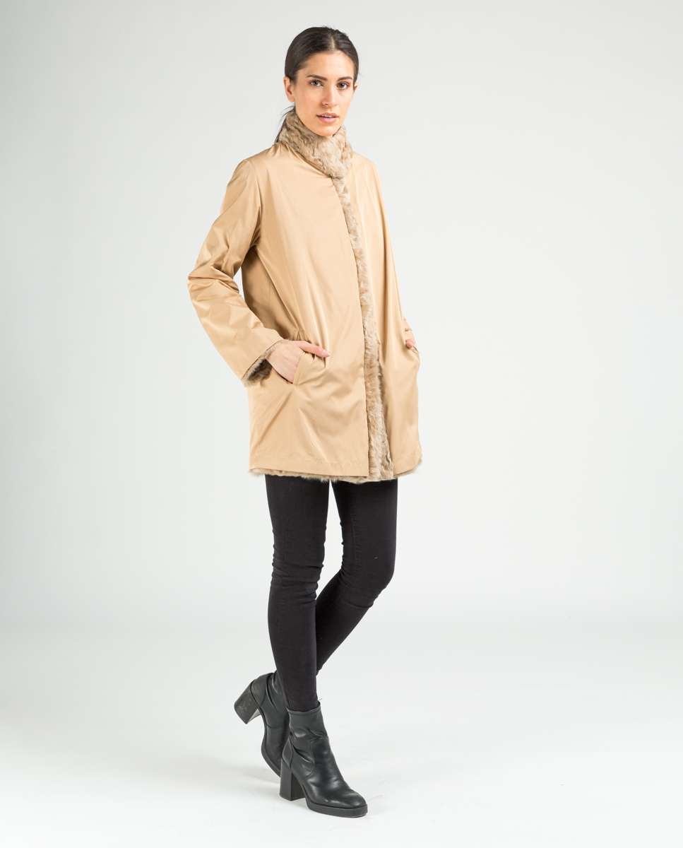 Sobretudo de Pelo de Pele de Cordeiro Reversível Gabardina Bege-5