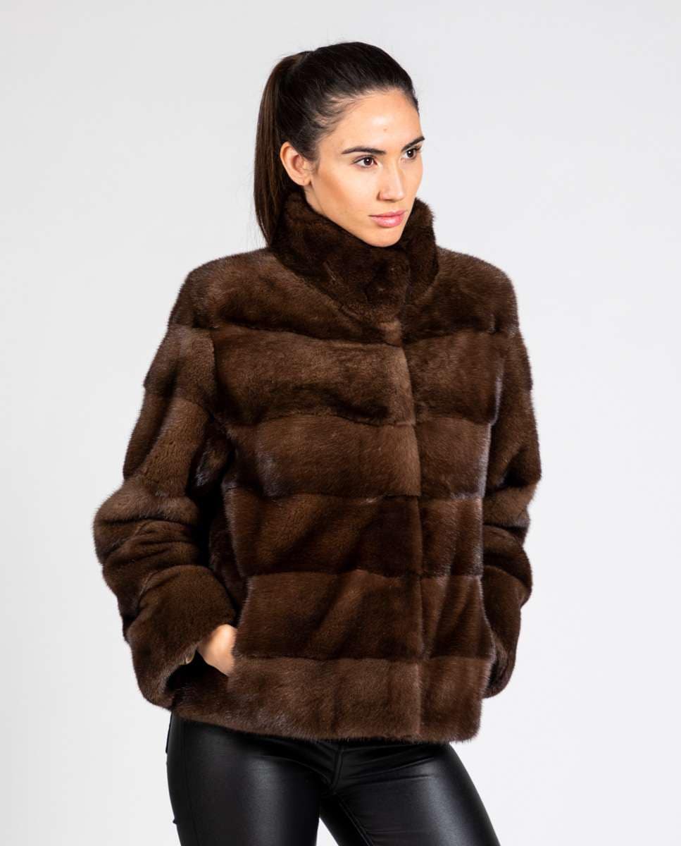 Casaco em Pelo em Vison com Costas Diagonal Castanho-3