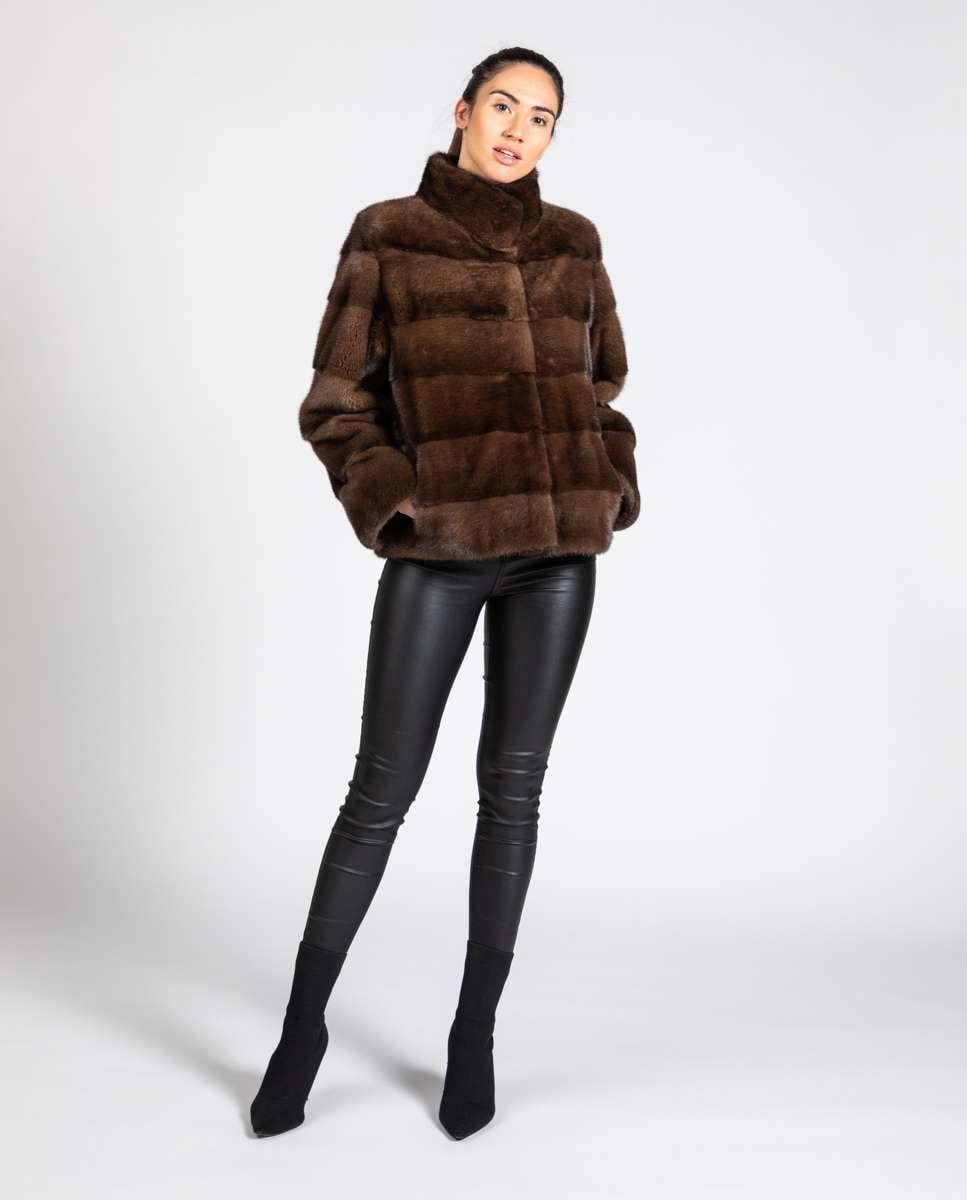 Casaco em Pelo em Vison com Costas Diagonal Castanho-4
