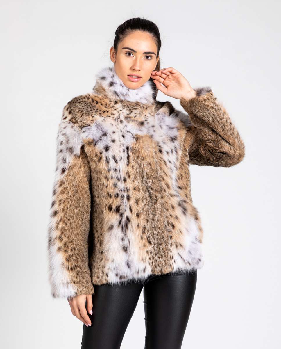 Casaco em Pelo de Gato Lince com Fecho Zip Castanho / Branco gasto-1