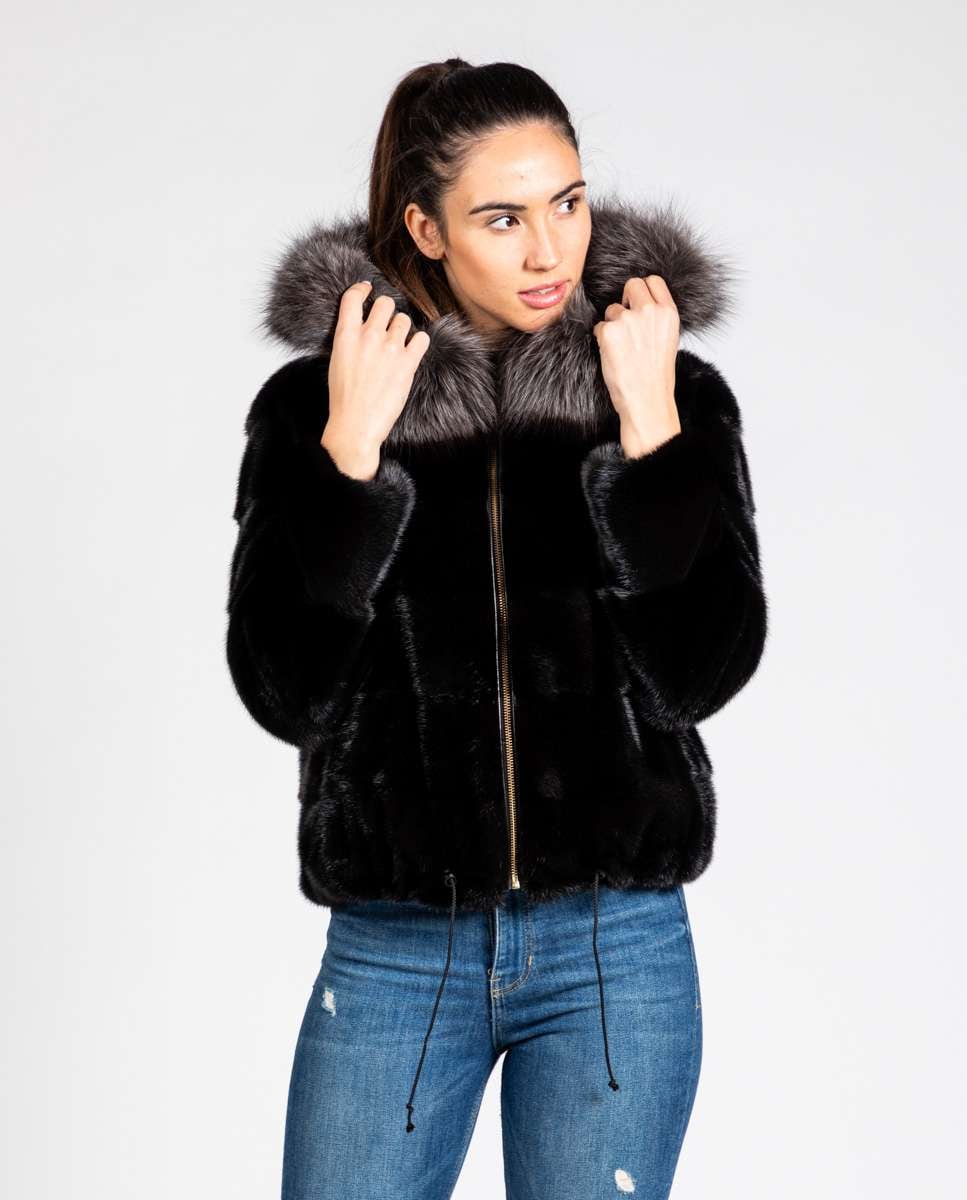 Casaco em Pelo de Vison com Capuz de Raposa Preto / Cinzento-1