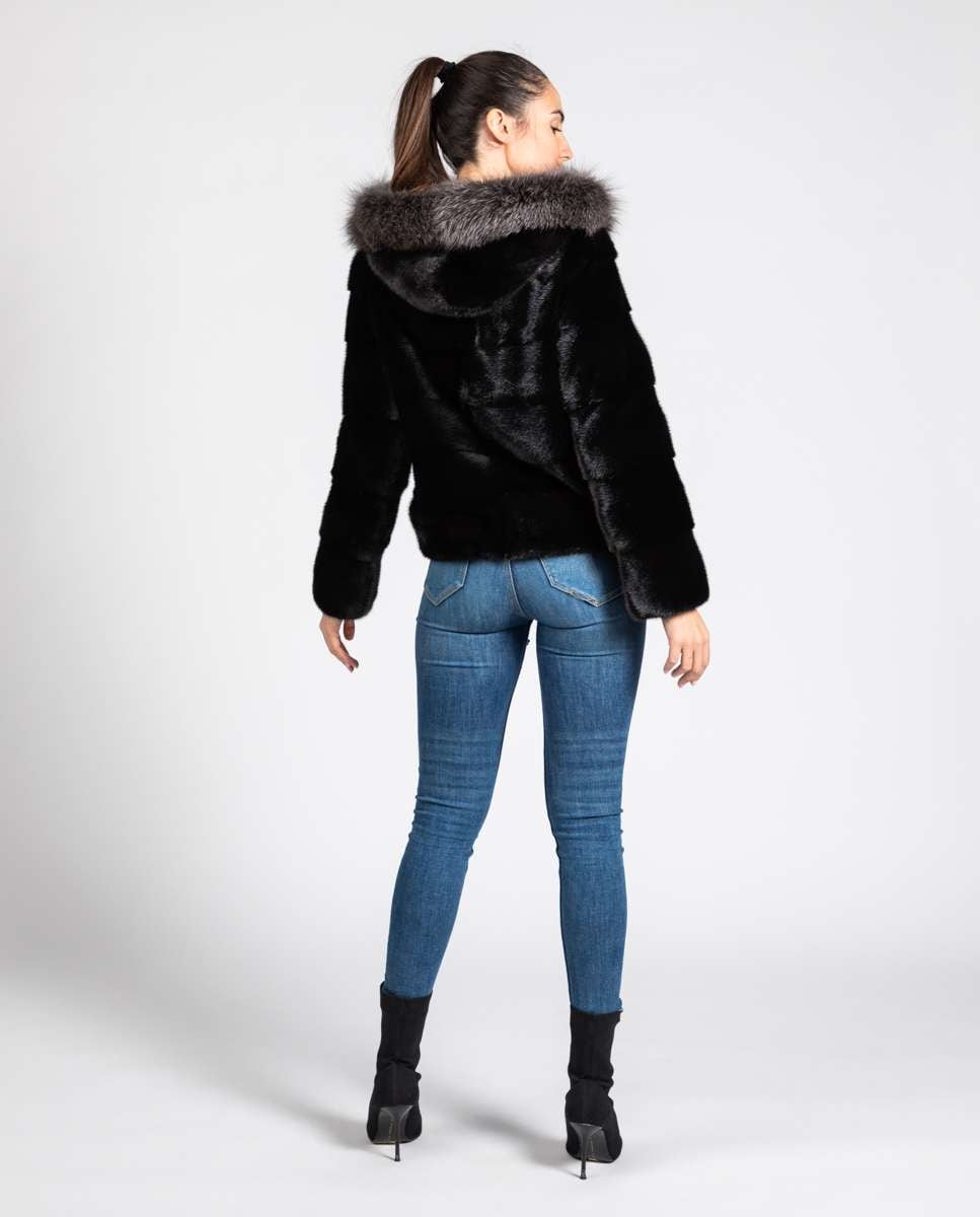 Casaco em Pelo de Vison com Capuz de Raposa Preto / Cinzento-2