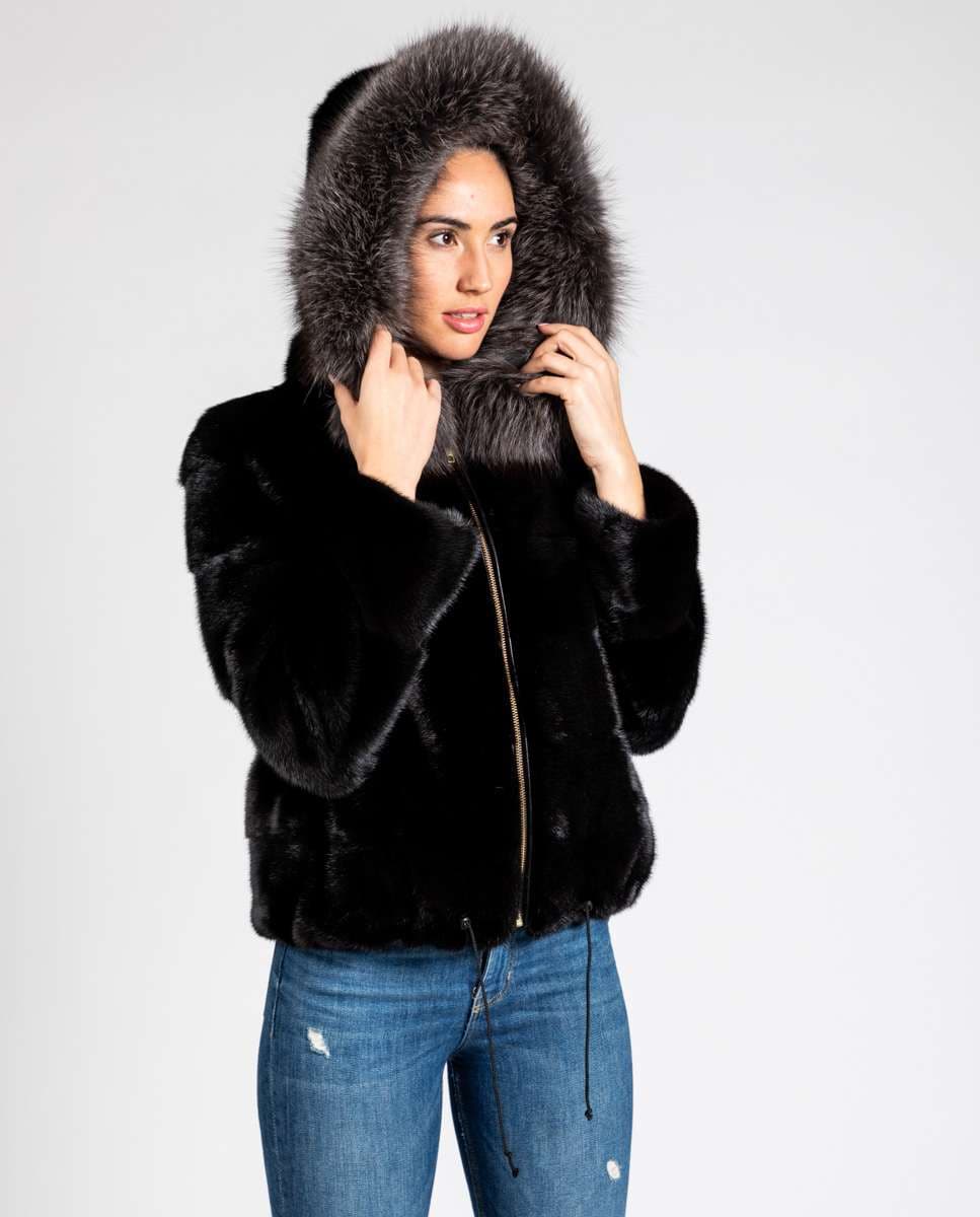 Casaco em Pelo de Vison com Capuz de Raposa Preto / Cinzento-3