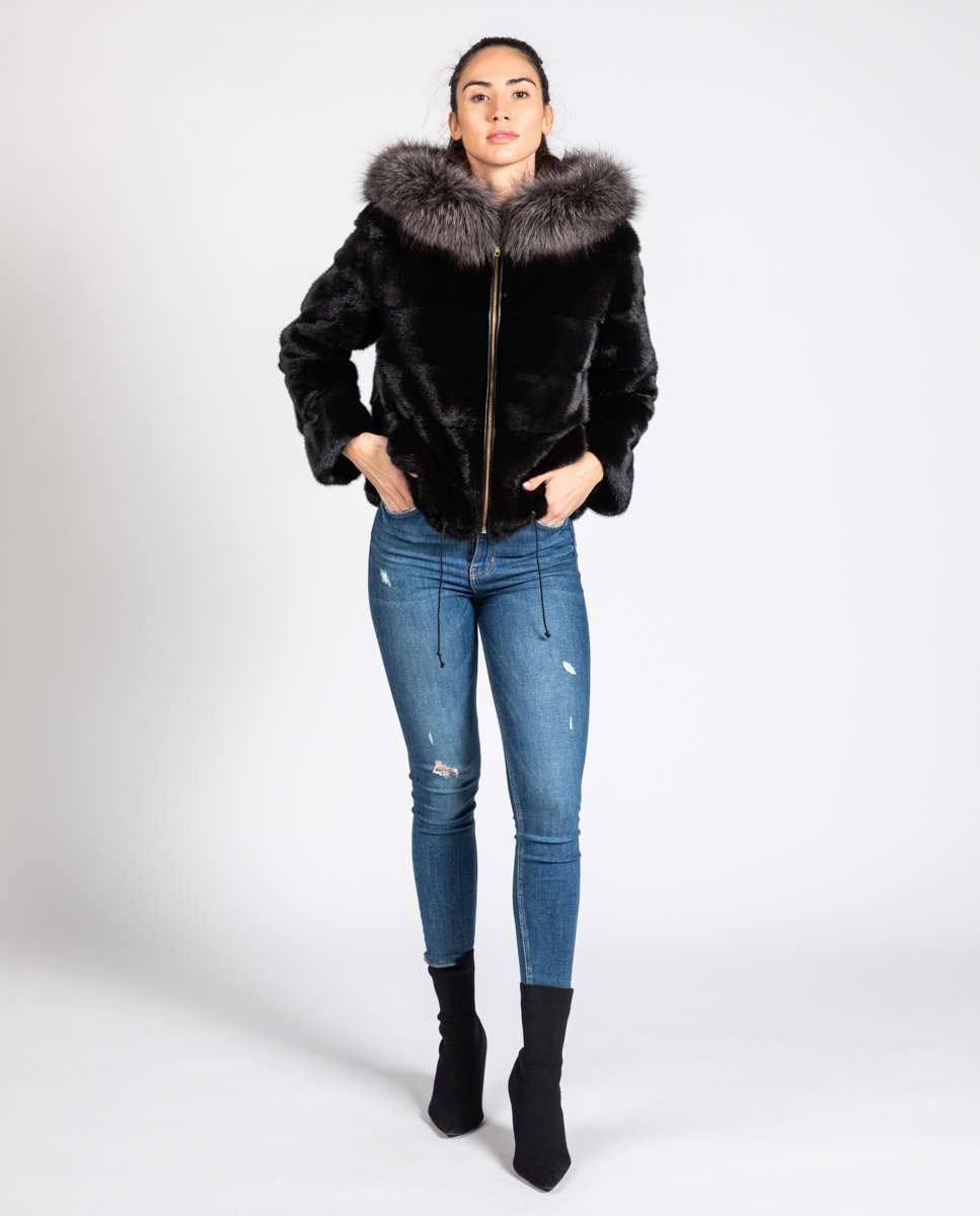 Casaco em Pelo de Vison com Capuz de Raposa Preto / Cinzento-4
