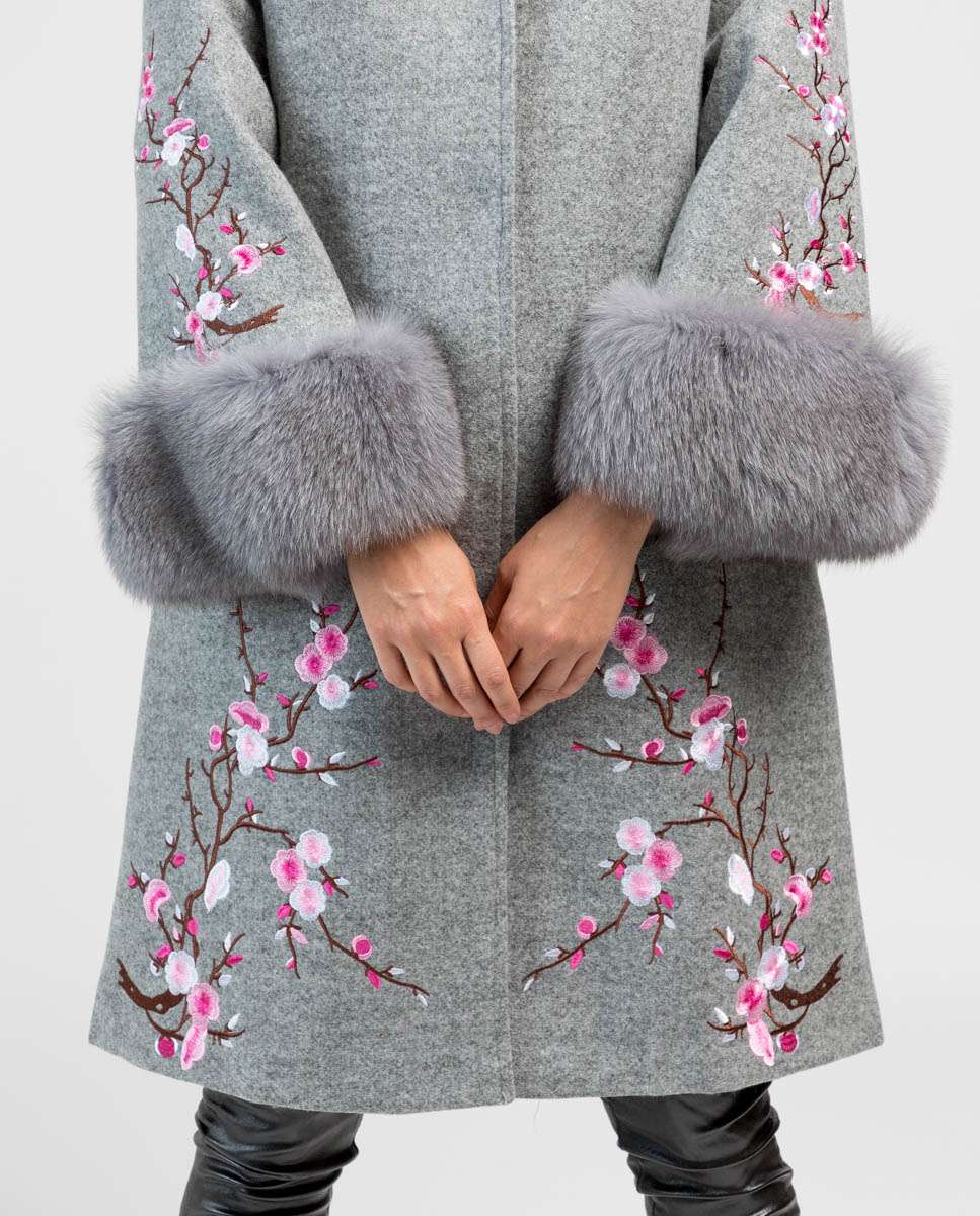 Sobretudo de Pano em Tecido Cashmere com Detalhes de Raposa Cinzento-3