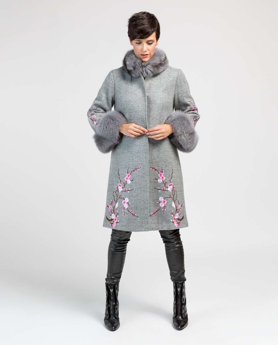 Sobretudo de Pano em Tecido Cashmere com Detalhes de Raposa Cinzento-4