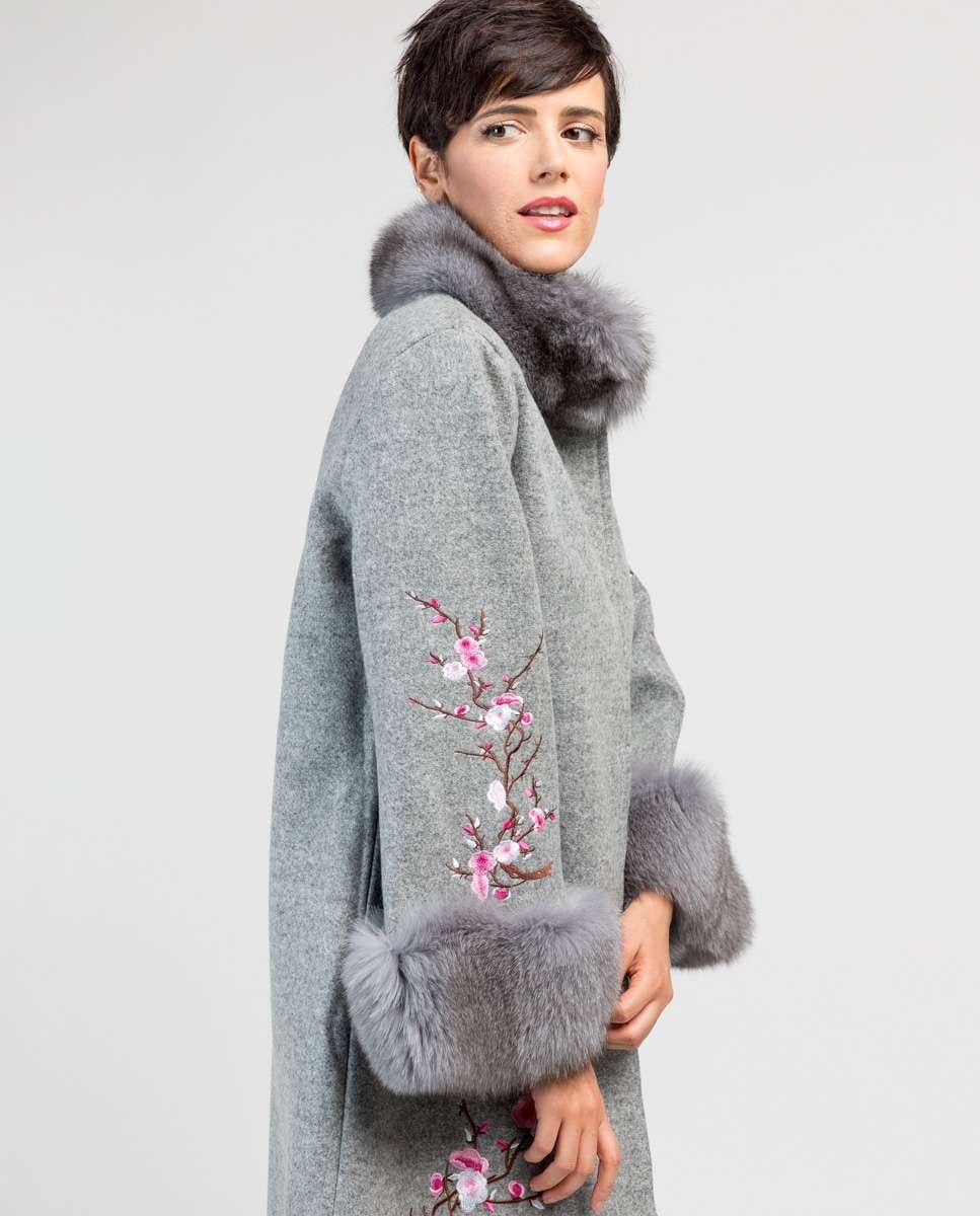 Sobretudo de Pano em Tecido Cashmere com Detalhes de Raposa Cinzento-5