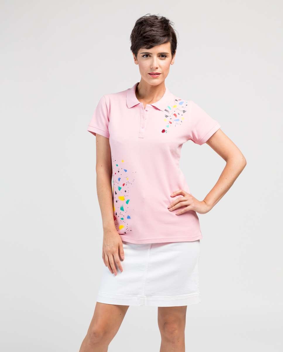 Polo de Piqué com Estampado Colorido Rosa-claro-1