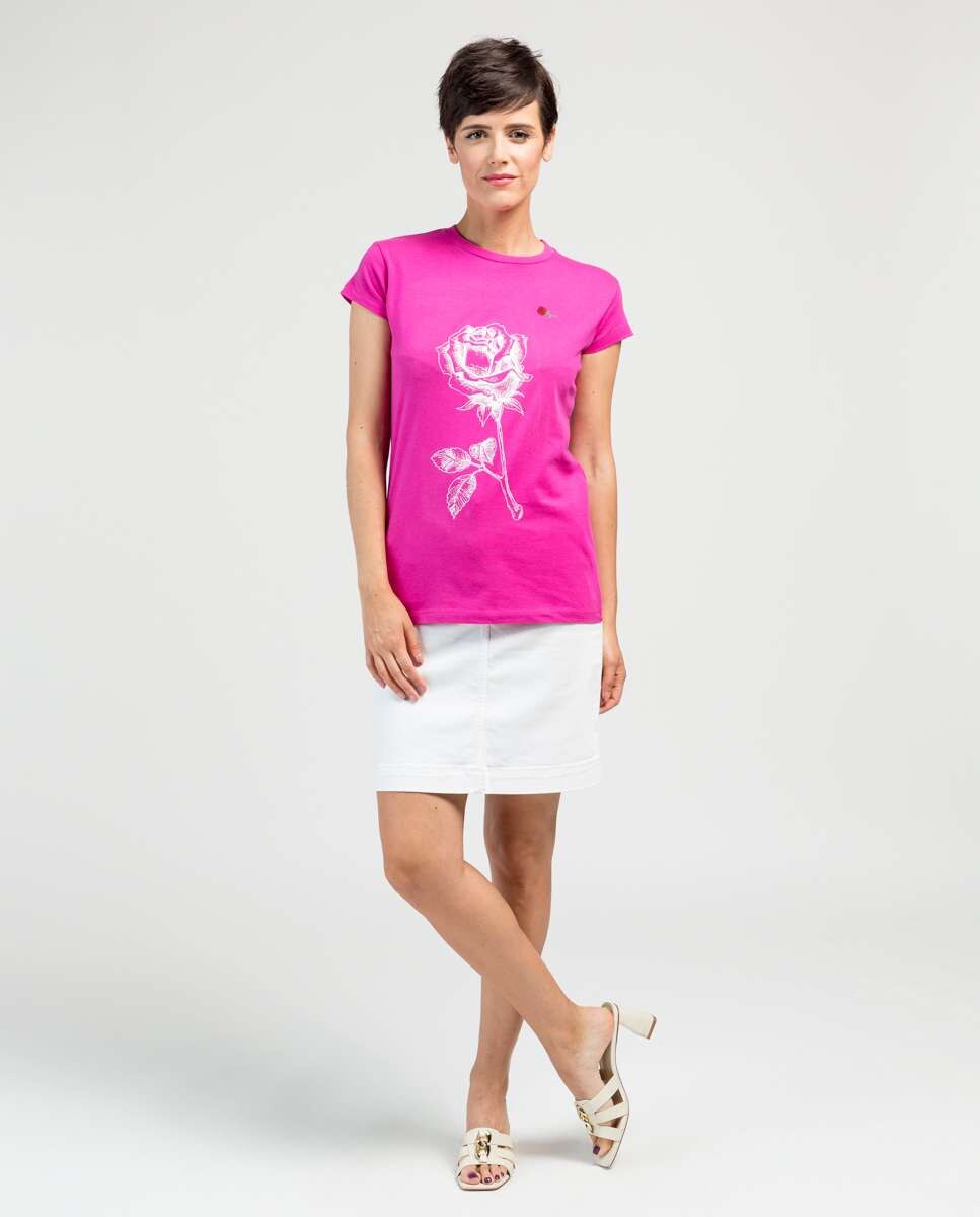 T-shirt de Manga Curta com Desenho Frontal Rosa-4