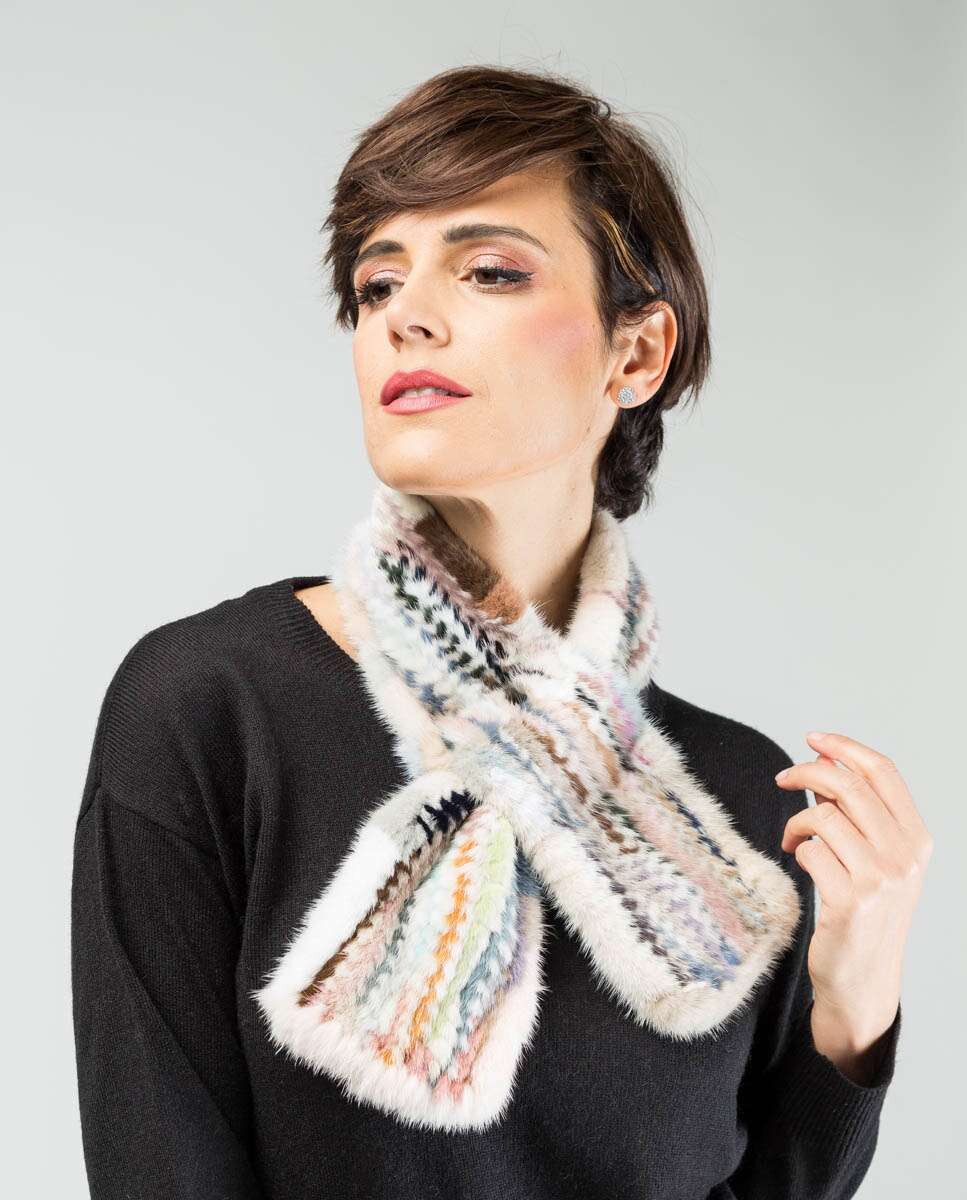 Cachecol de Pelo de Vison Tricotado Multicolor Branco-3