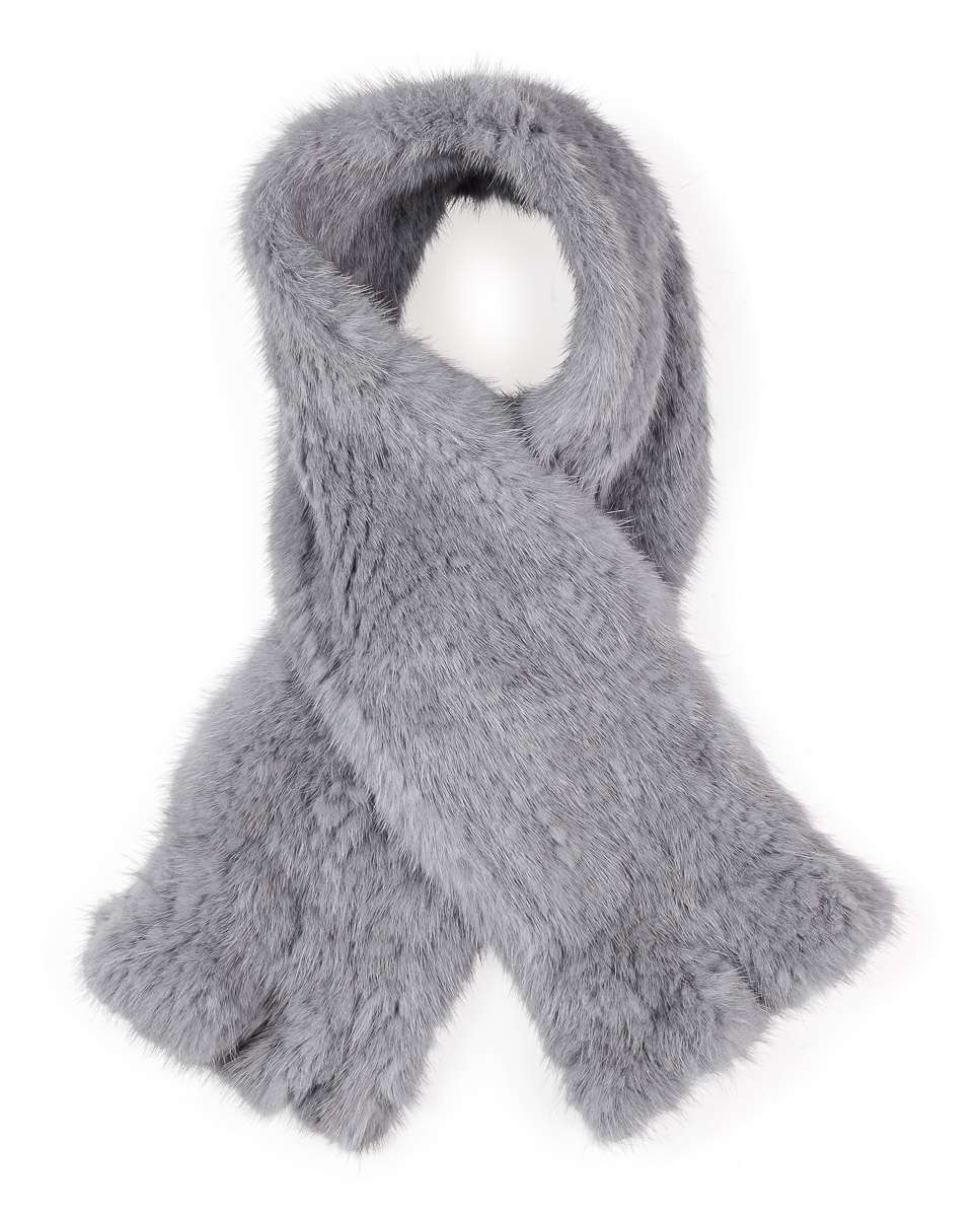 Cachecol em Pelo de Vison Tricotado em Azul Cinzento-claro-1