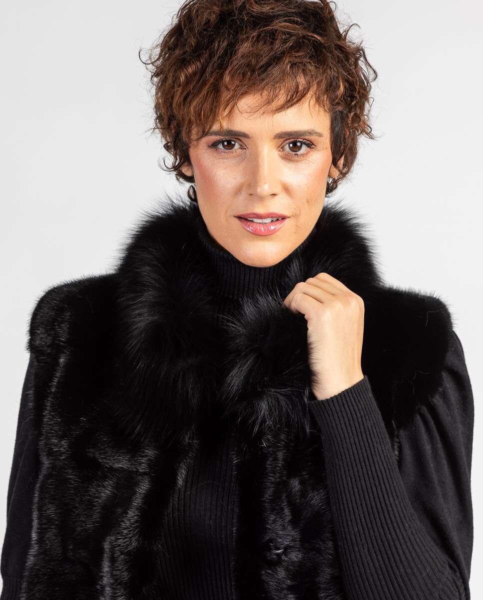Colete em Pelo de Vison Diamante e Gola de Raposa Preto-3