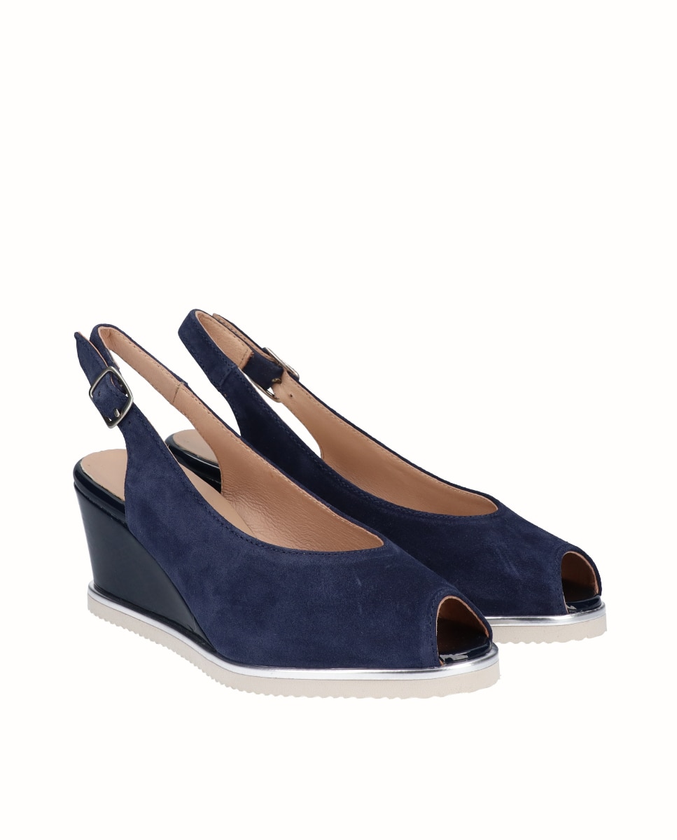 Sapato Peep Toe de Cunha em Pele Azul-marinho-2