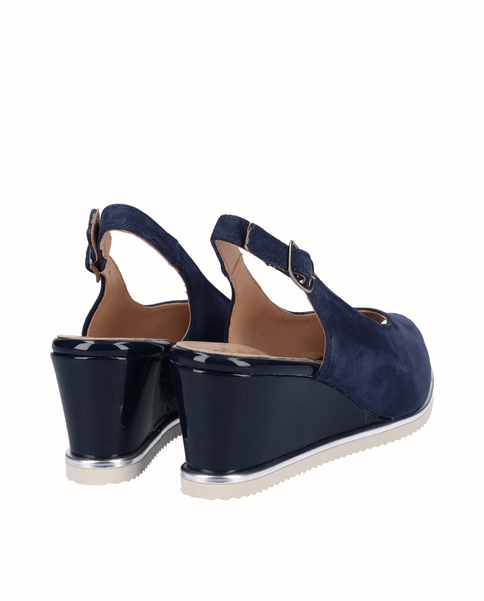 Sapato Peep Toe de Cunha em Pele Azul-marinho-3