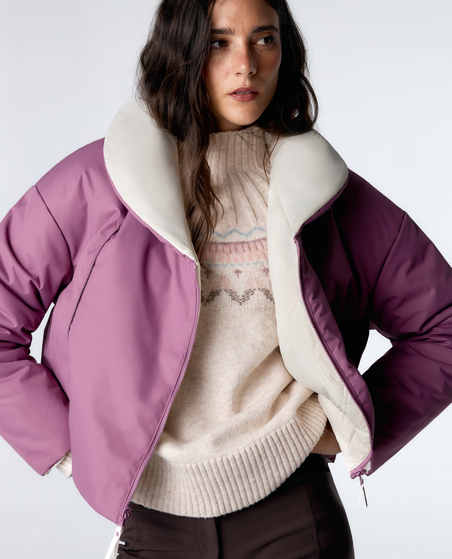 Blusão Acolchoado Reversível com Gola Levantada Creme-7