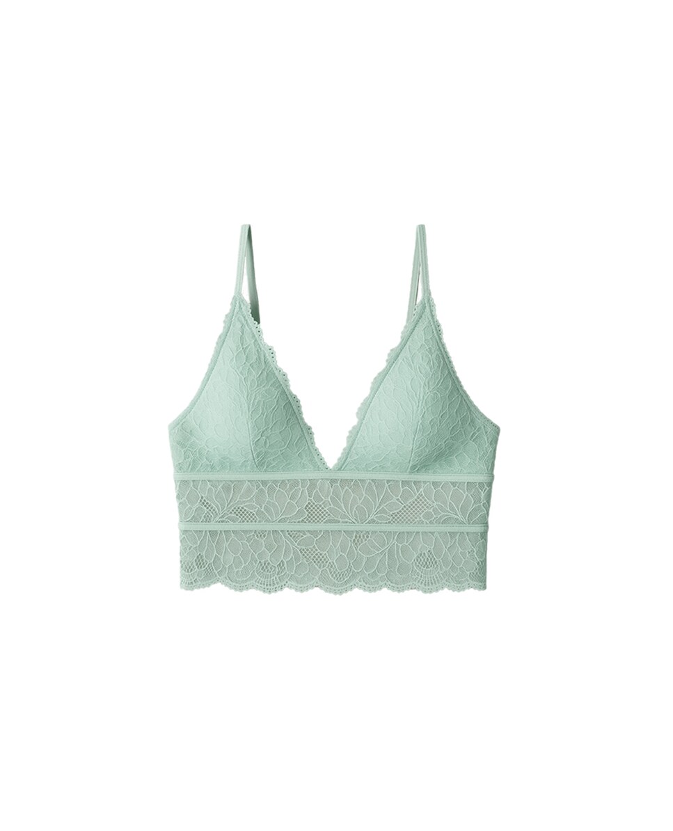 Soutien Bralette Crop Top de Renda Verde-8