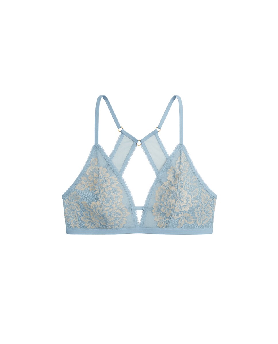 Soutien Bralette Halter de Renda Floral e Mesh Azul-claro-7