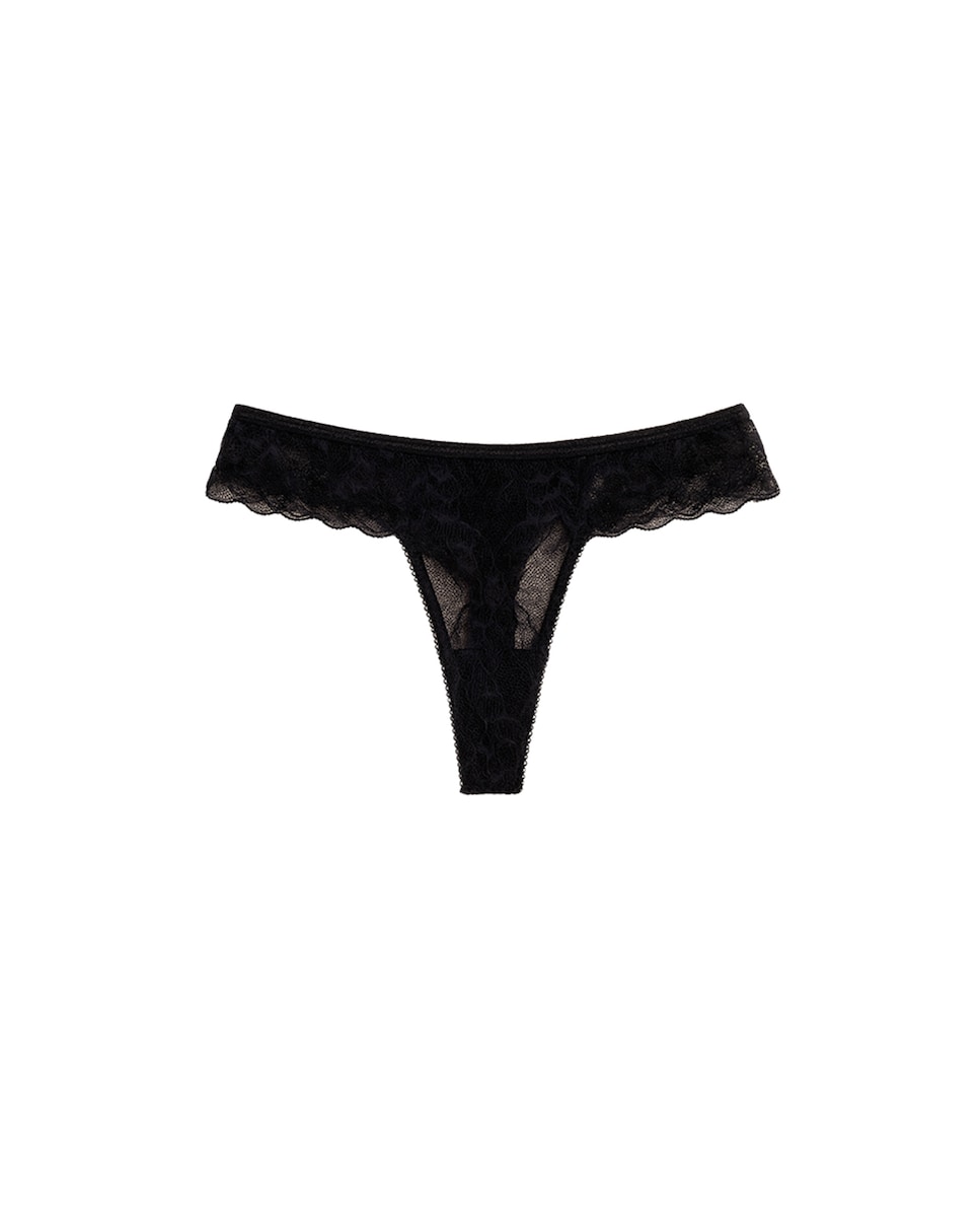 Cueca de Renda e Mesh com Desenho de Folhas Preto-5