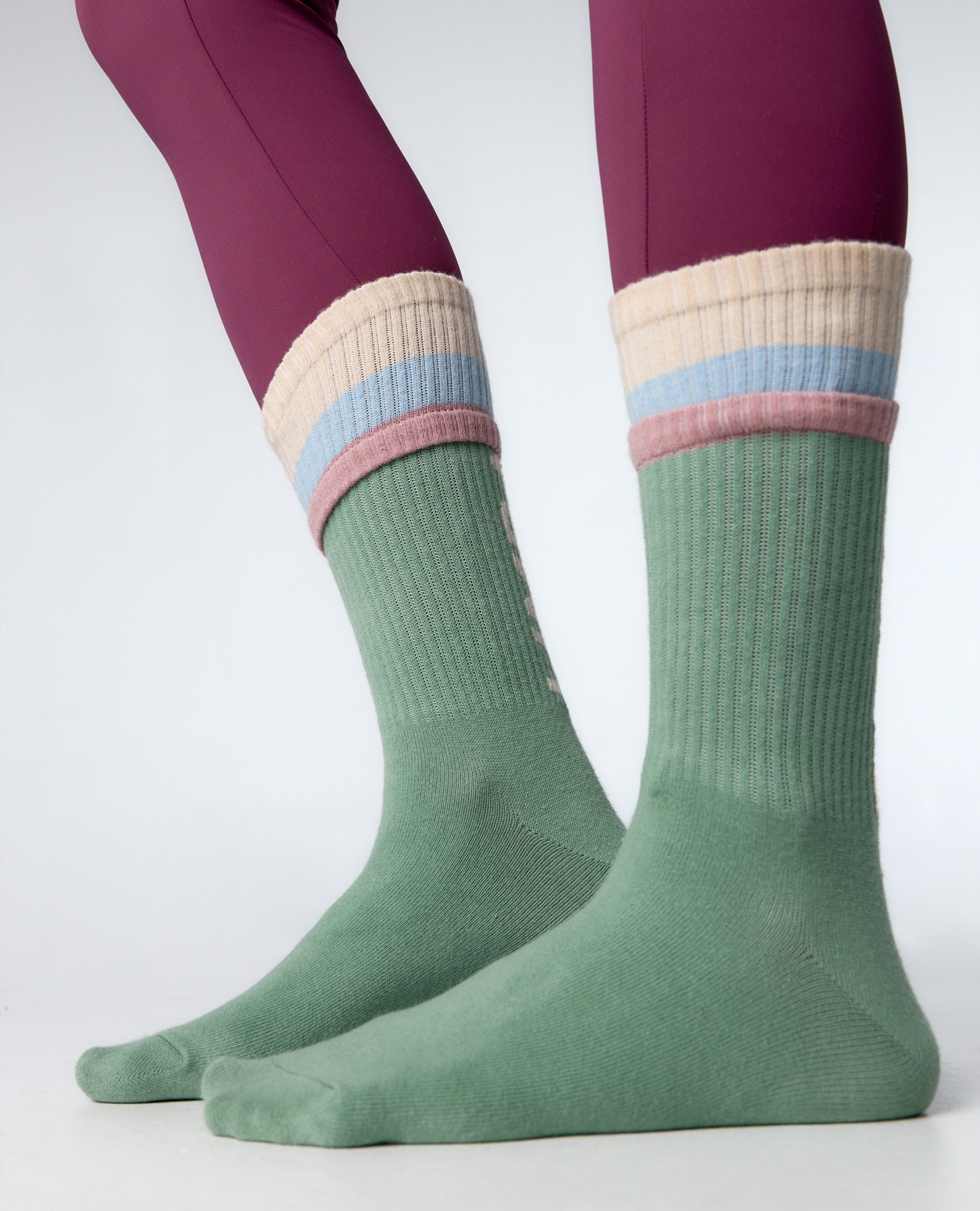 Meias Altas de Algodão Tricolor com Efeito Duplo Verde-2