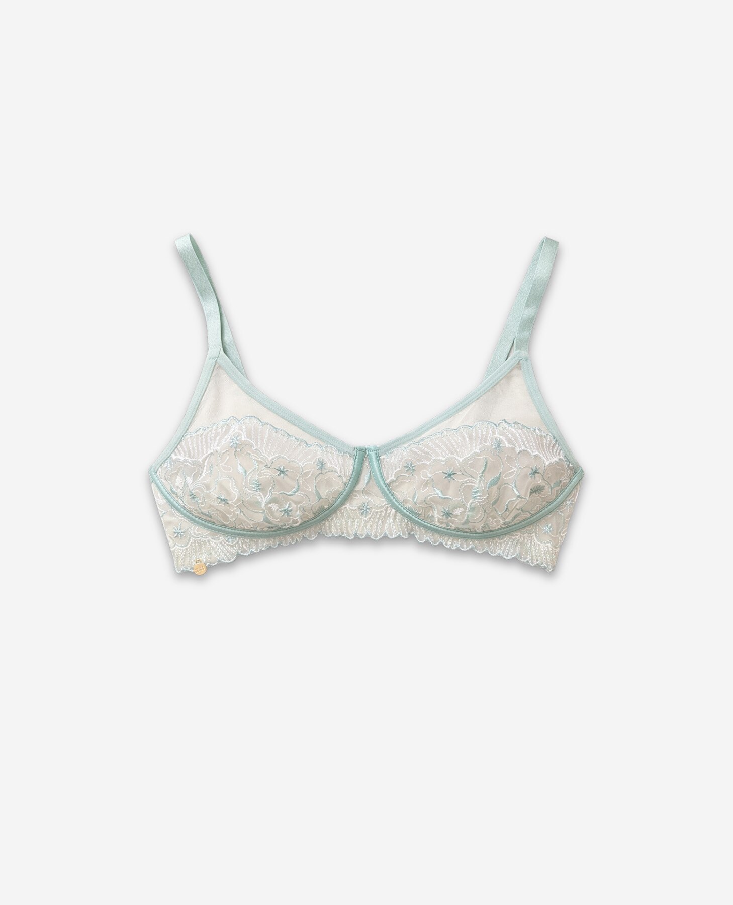 Soutien Bralette com Falso Aro de Tule Bordado e Liso Verde-acinzentado-8