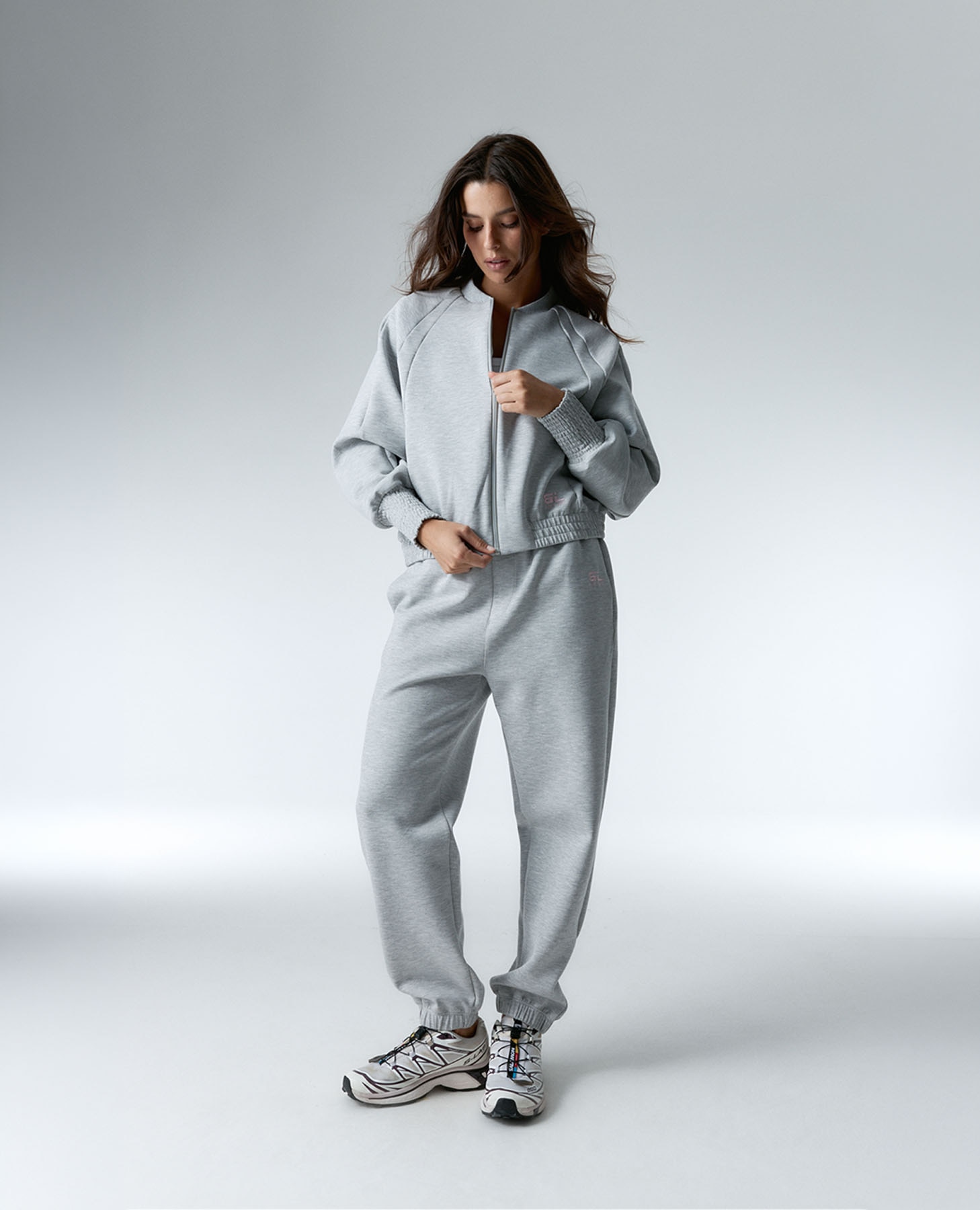 Sweatshirt Desportiva Mesclada Estilo Bomber Cinzento-5