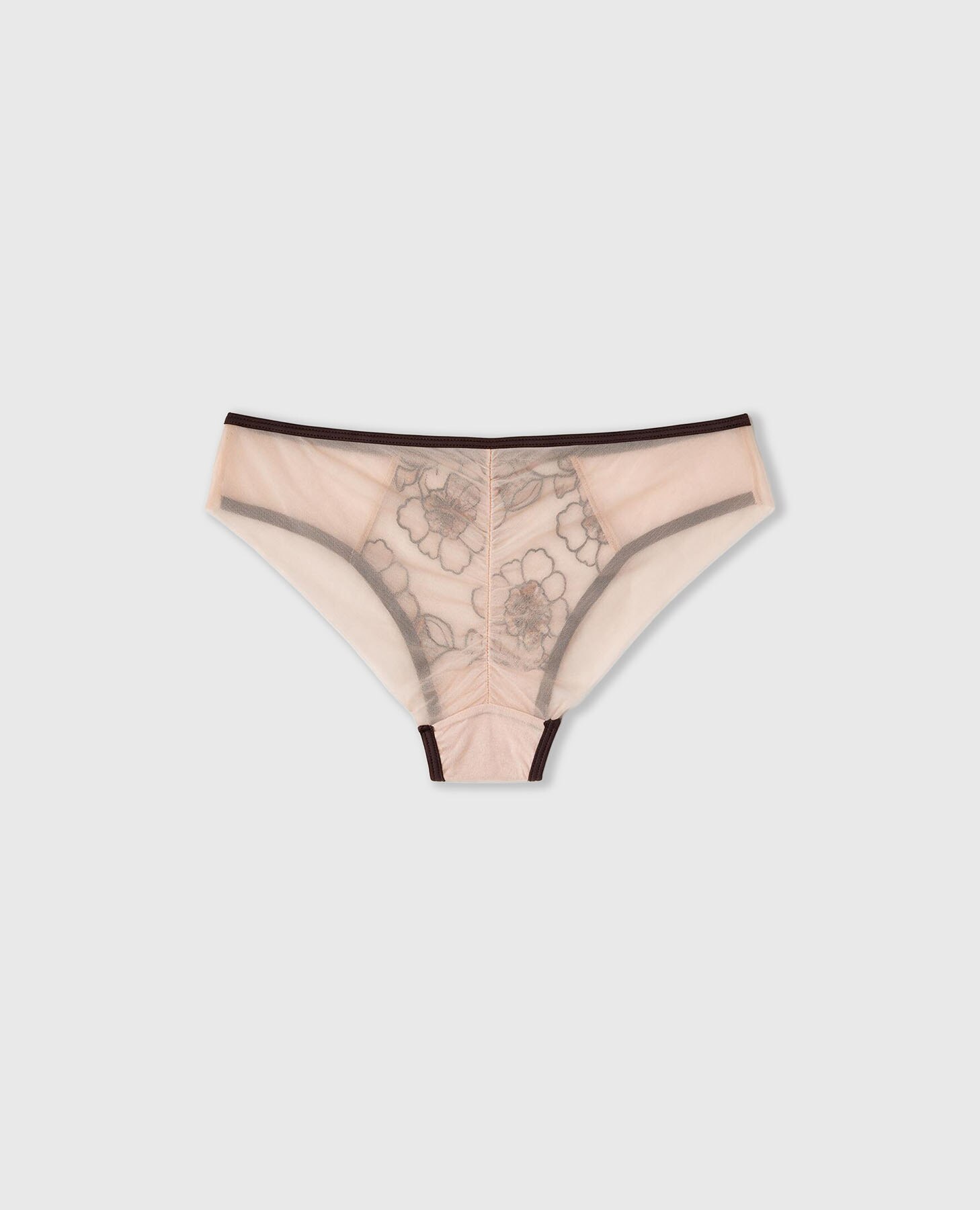 Cueca Brasileira em Tule Bordado e Mesh Castanho-chocolate-7