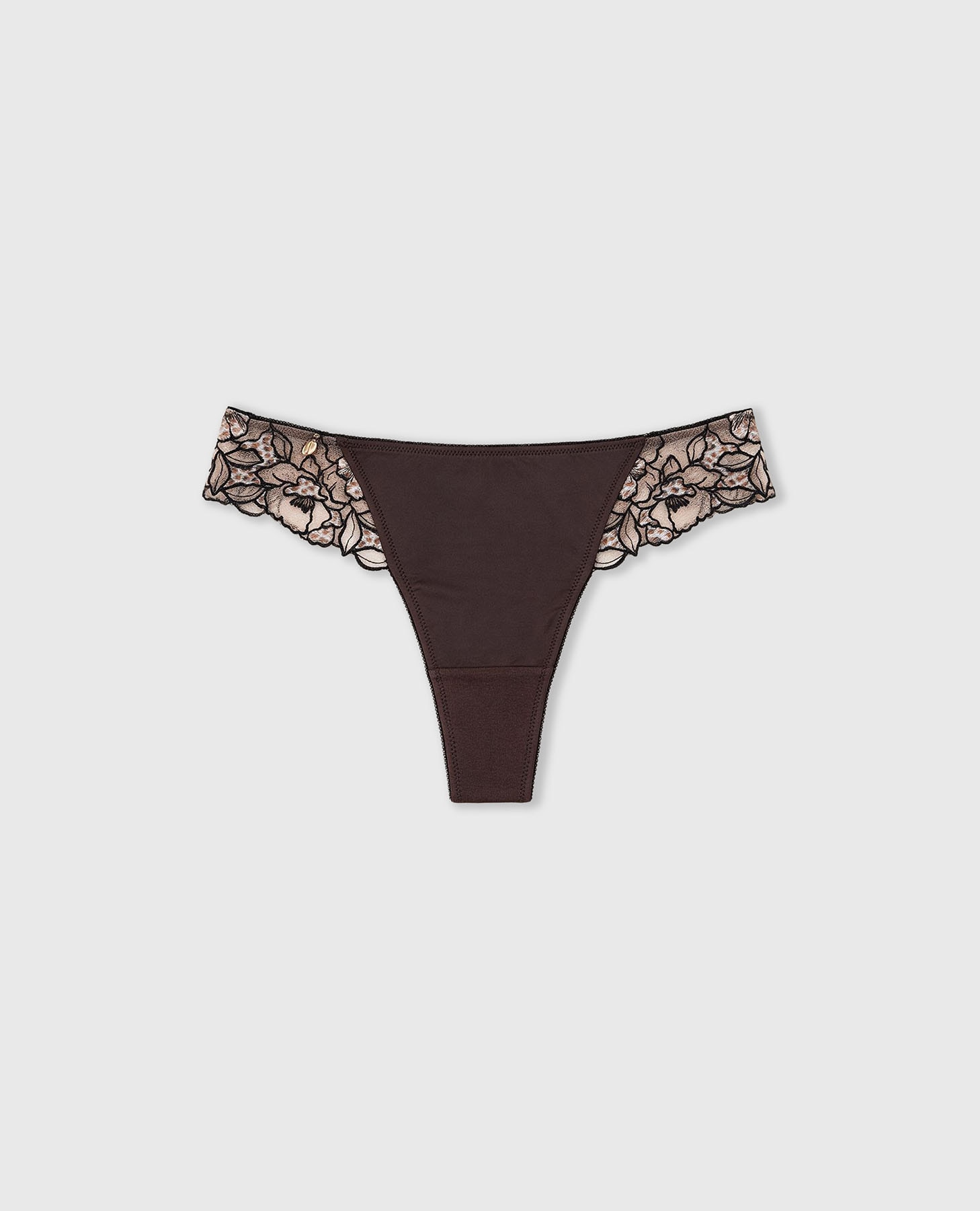 Cueca de Tule Bordado com Detalhes Florais Castanho-chocolate-8