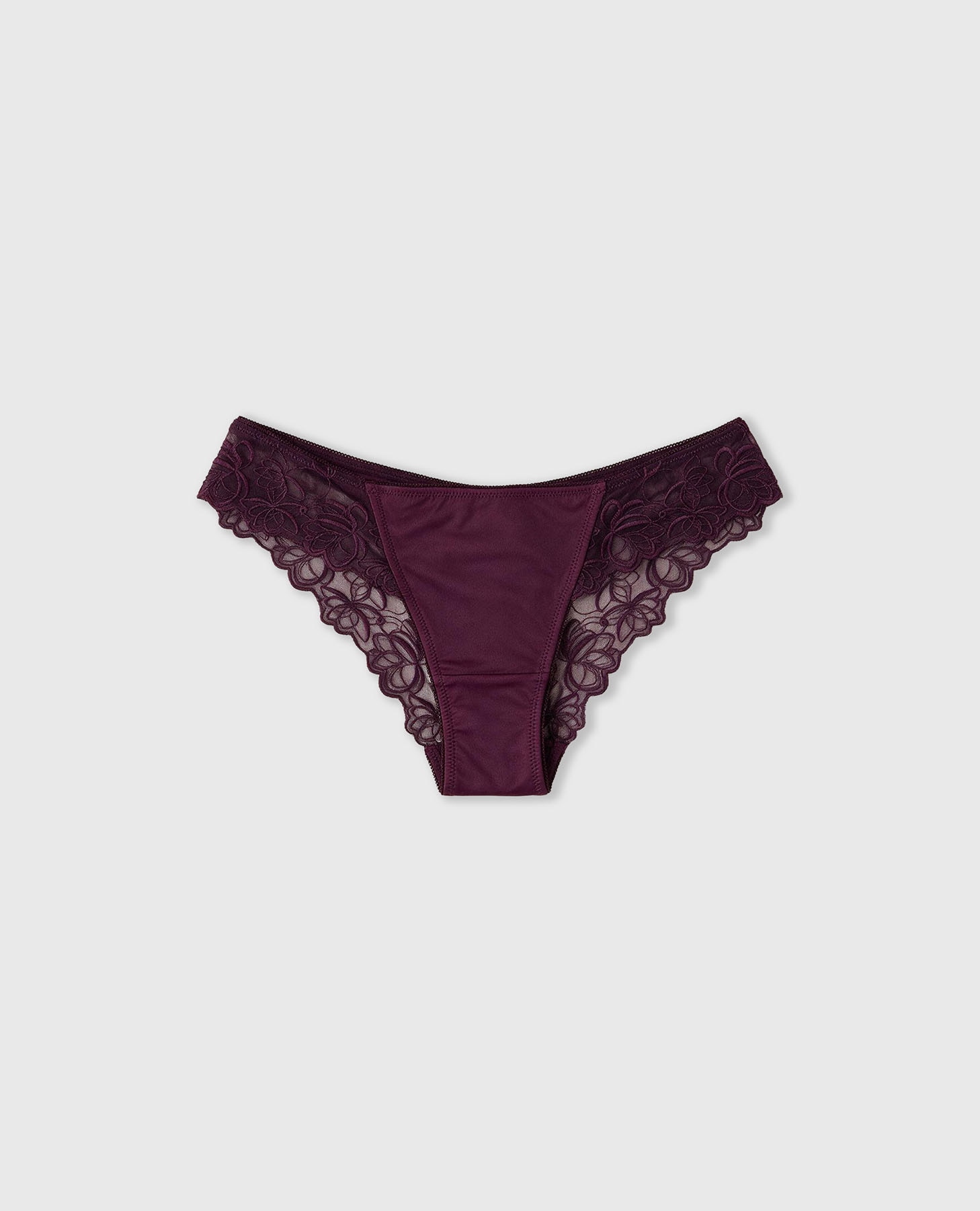 Cueca Brasileira em Tule Bordado e Microfibra Bordeaux-8