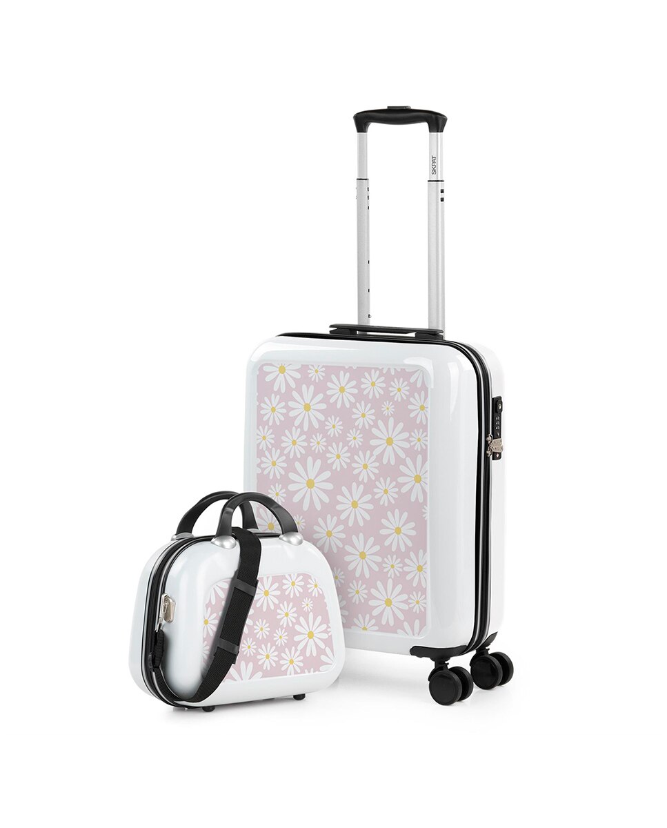 Imagem 0 de Mala de Cabine Mais Necessaire Rígida Niza em Branco-margaridas Rosa com Capacidade 48 L