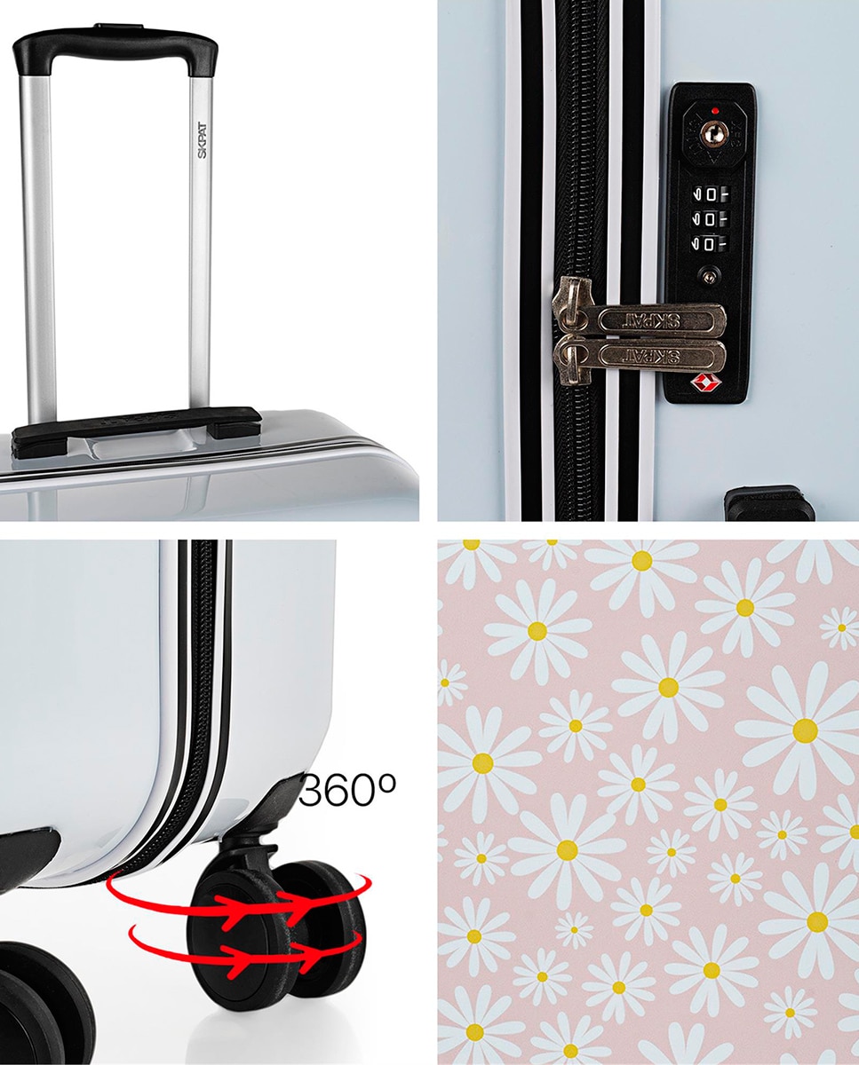 Mala de Cabine Mais Necessaire Rígida Niza em Branco-margaridas Azul com Capacidade 48 L Branco / Rosa-4