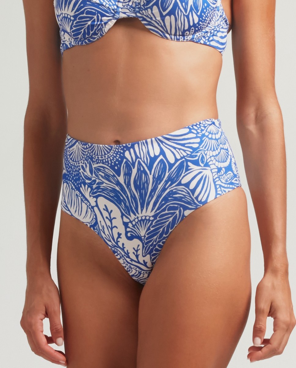 Cueca de Biquíni Alta com Estampado Floral Azul / Branco-1