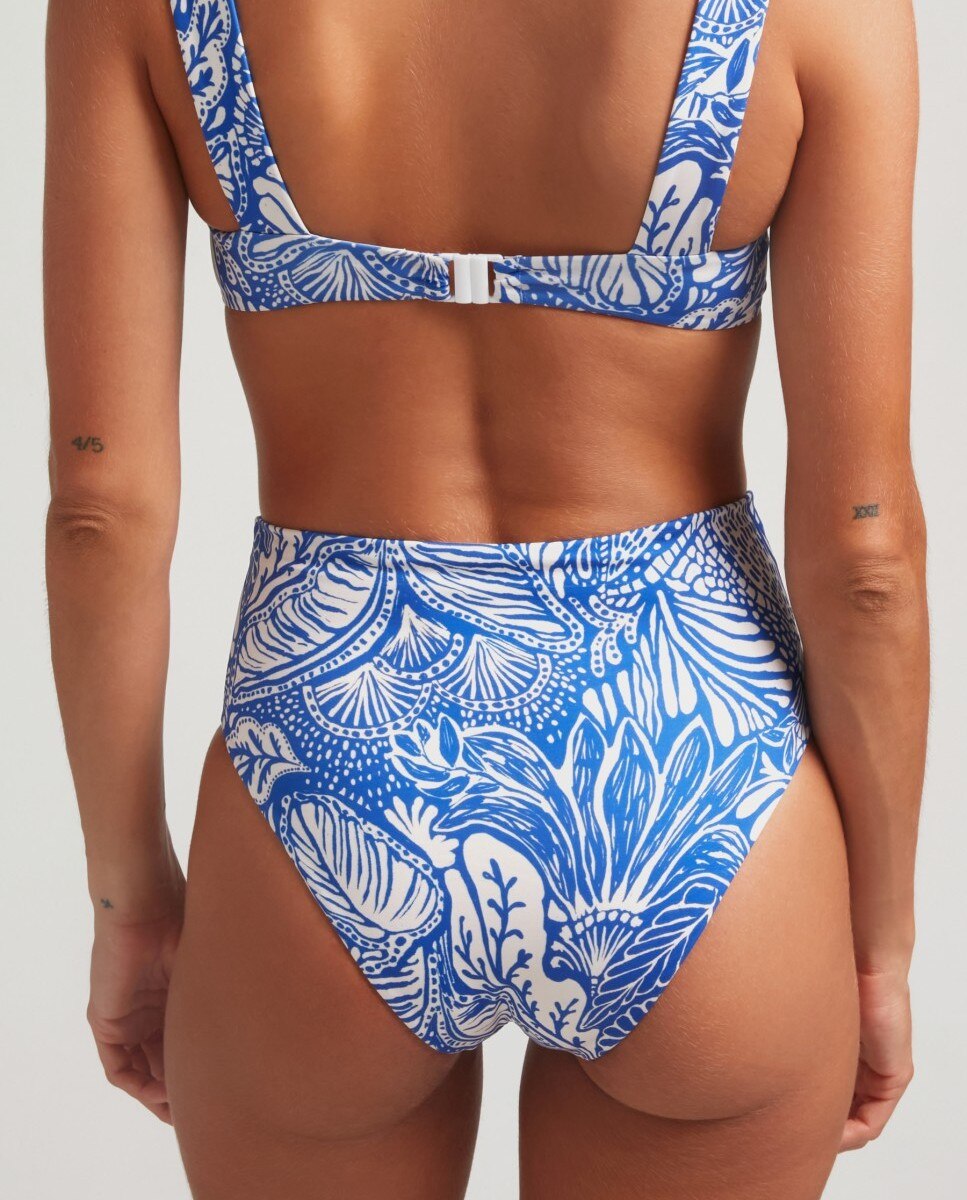 Cueca de Biquíni Alta com Estampado Floral Azul / Branco-2