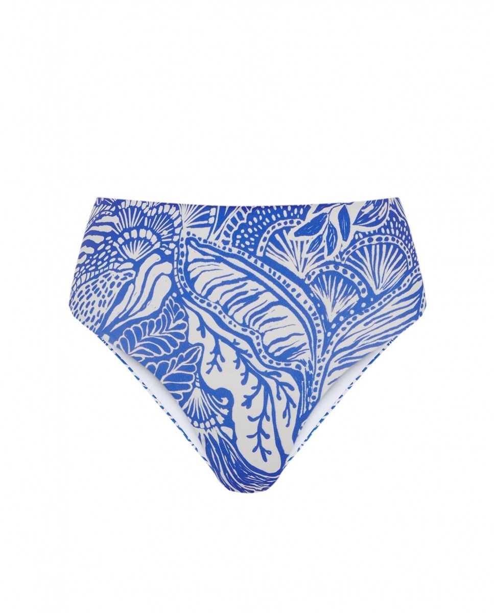 Cueca de Biquíni Alta com Estampado Floral Azul / Branco-4